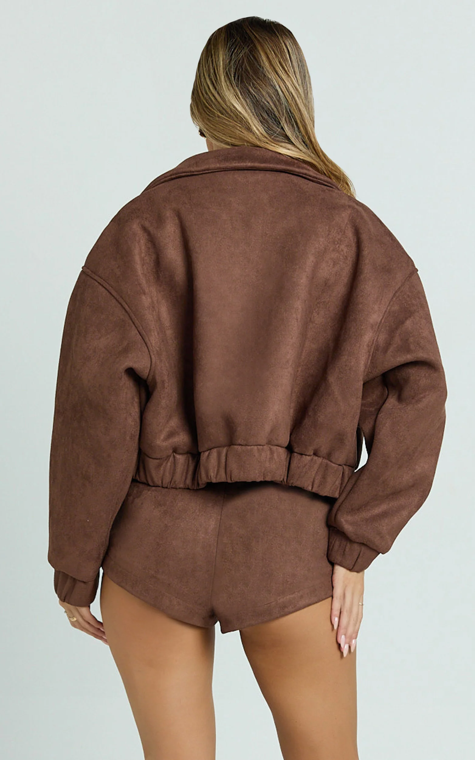 Nessa Jacket - Faux Suede Oversized Cropped Bomber Jacket in Dark Chestnut