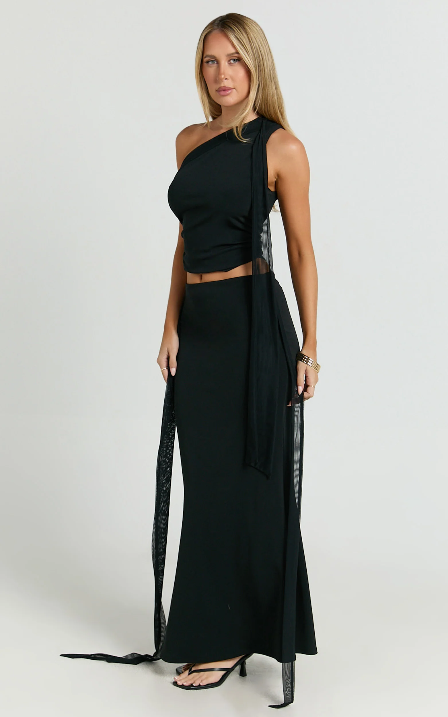 Rhoda Two Piece Set - Scarf Top and Tie Detail Maxi Skirt Set in Black