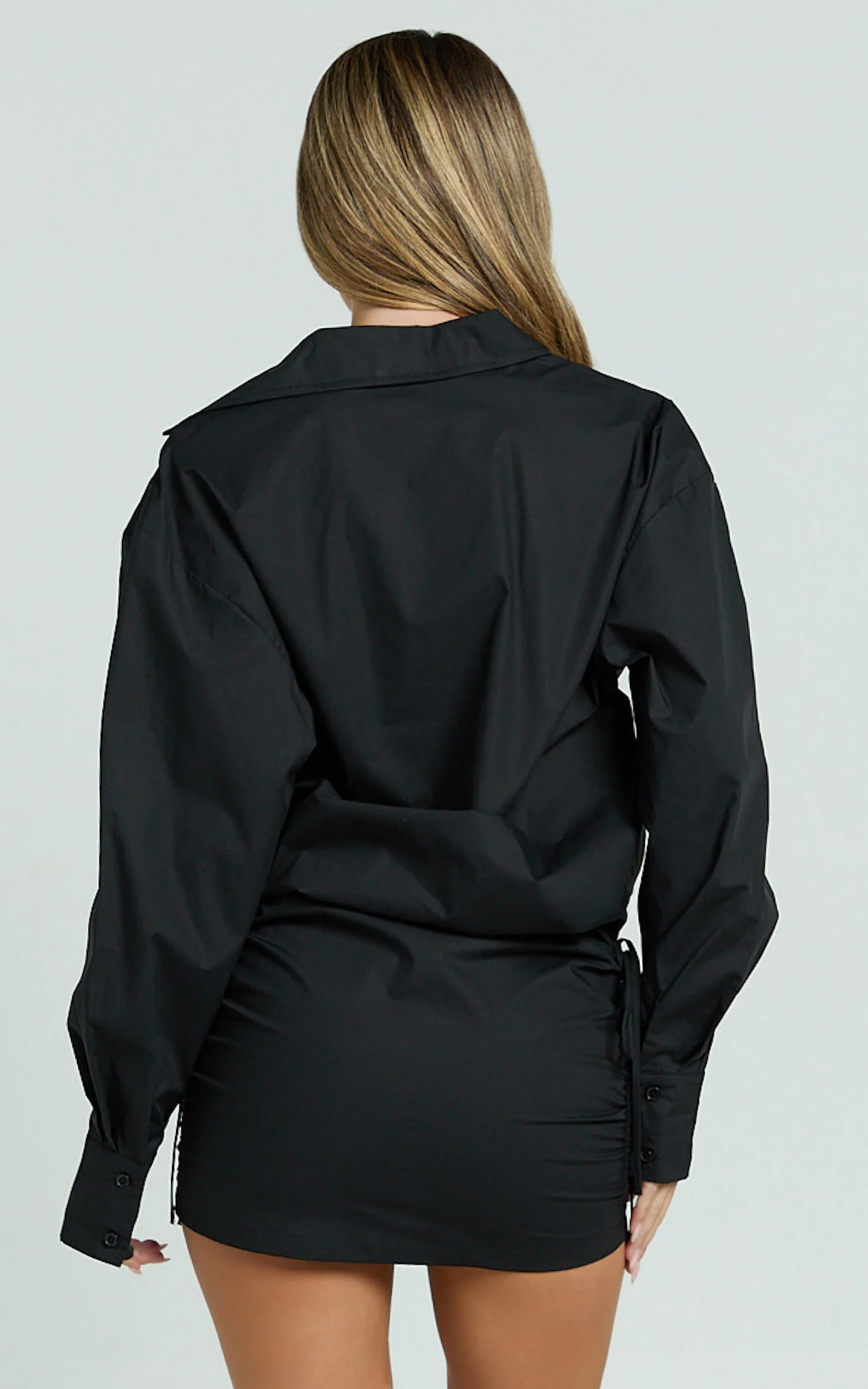 Avalon Mini Dress - Button Up Ruched Shirt Dress in Black