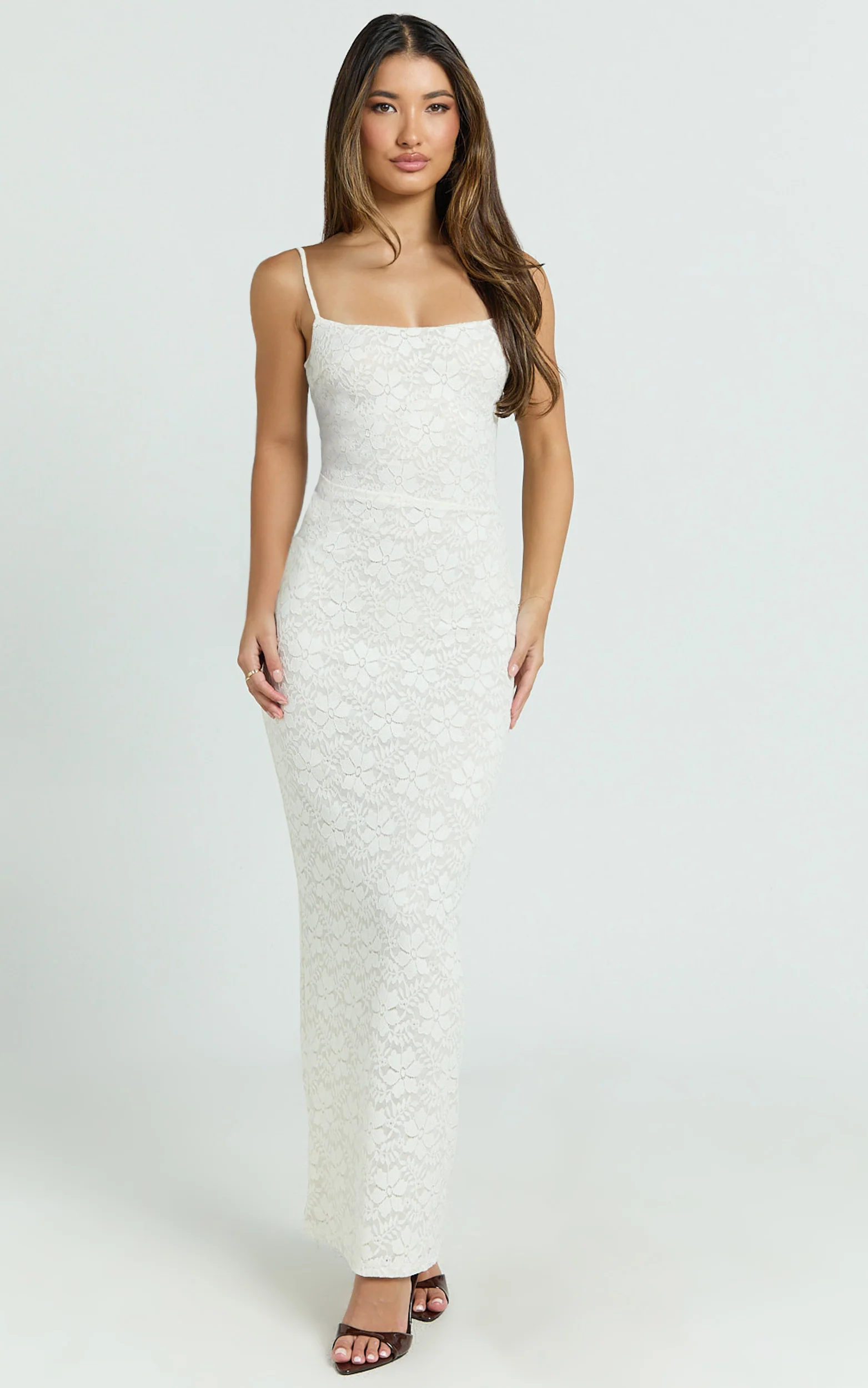 Carly Maxi Dress - Stretch Lace Scoop Neck Dress in Off White