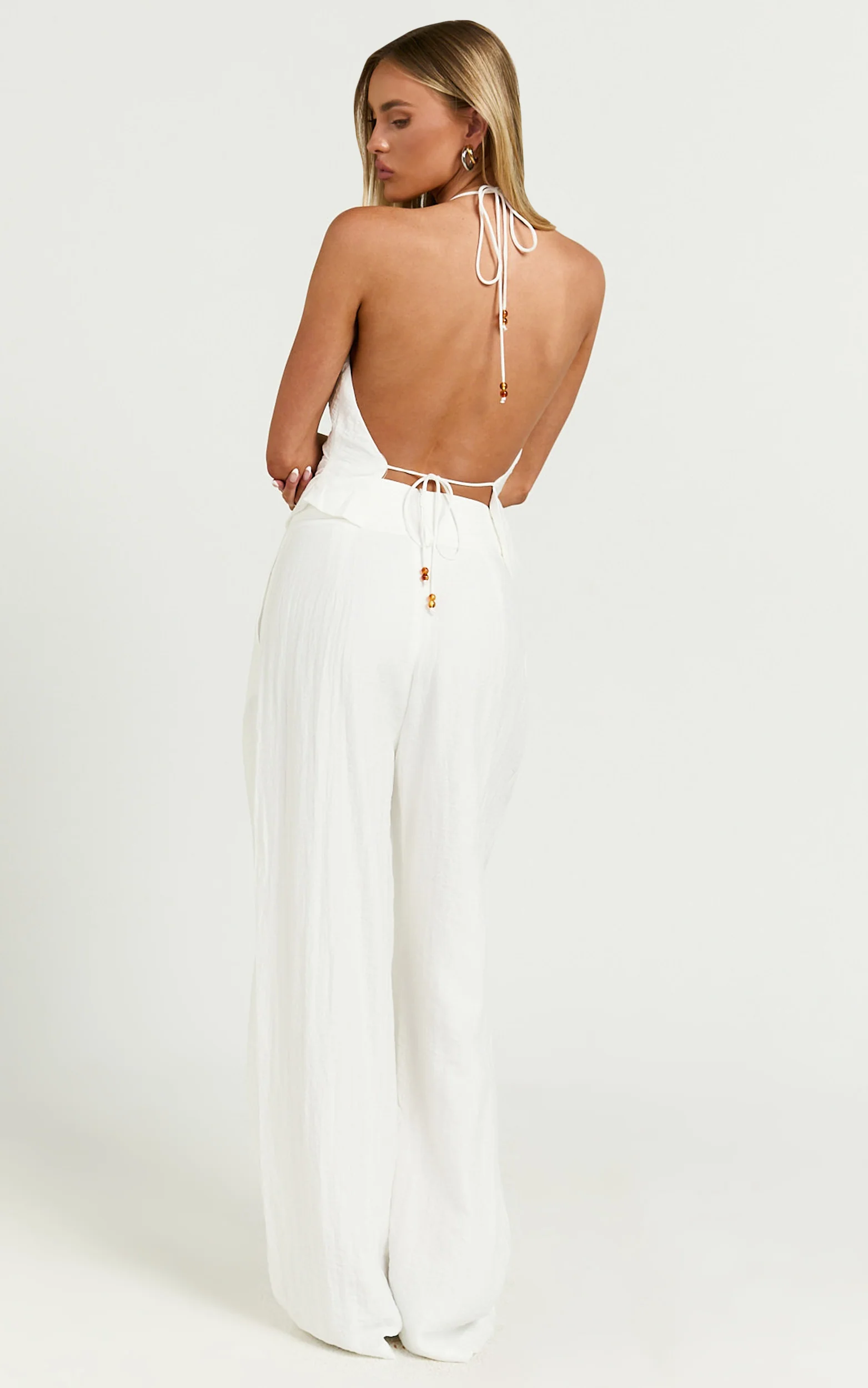 Hilda Top - Cowl Neck Beaded Linen Look Scarf Top in White