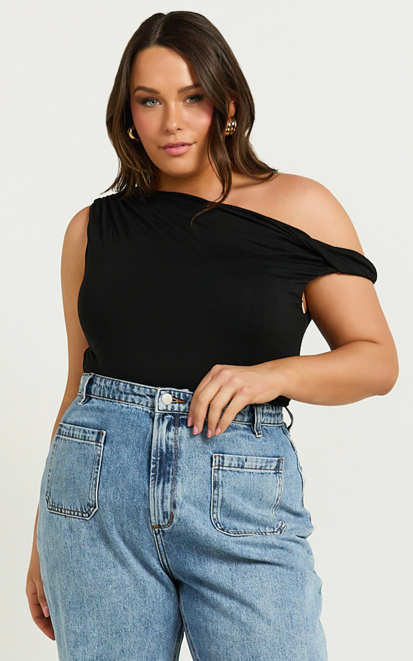 Jialeen Top - Off Shoulder Twist Asymmetrical Sleeve Top in Black