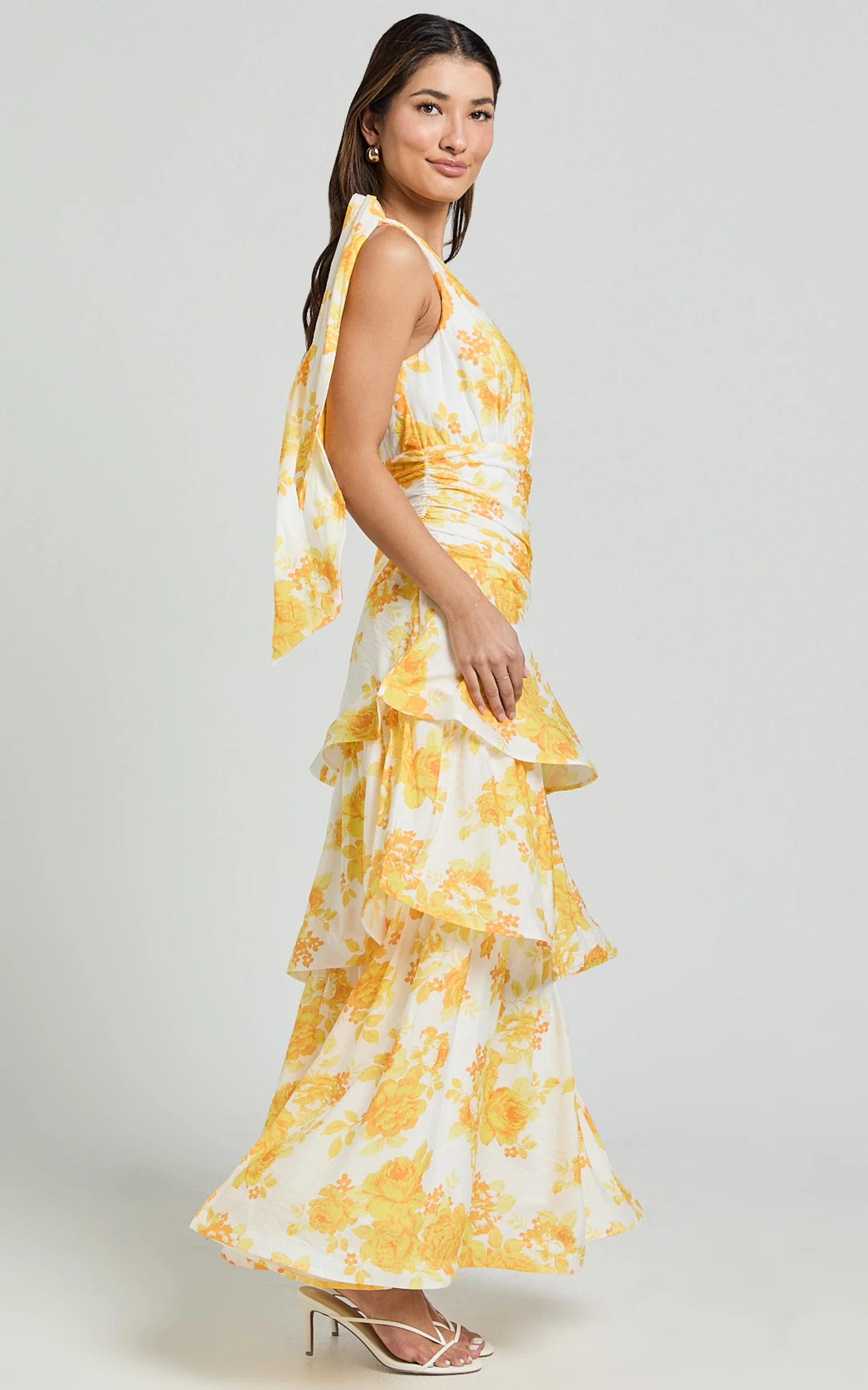 Krissy Midi Dress - Asymmetrical Tie Shoulder Layered Dress in Yellow Floral