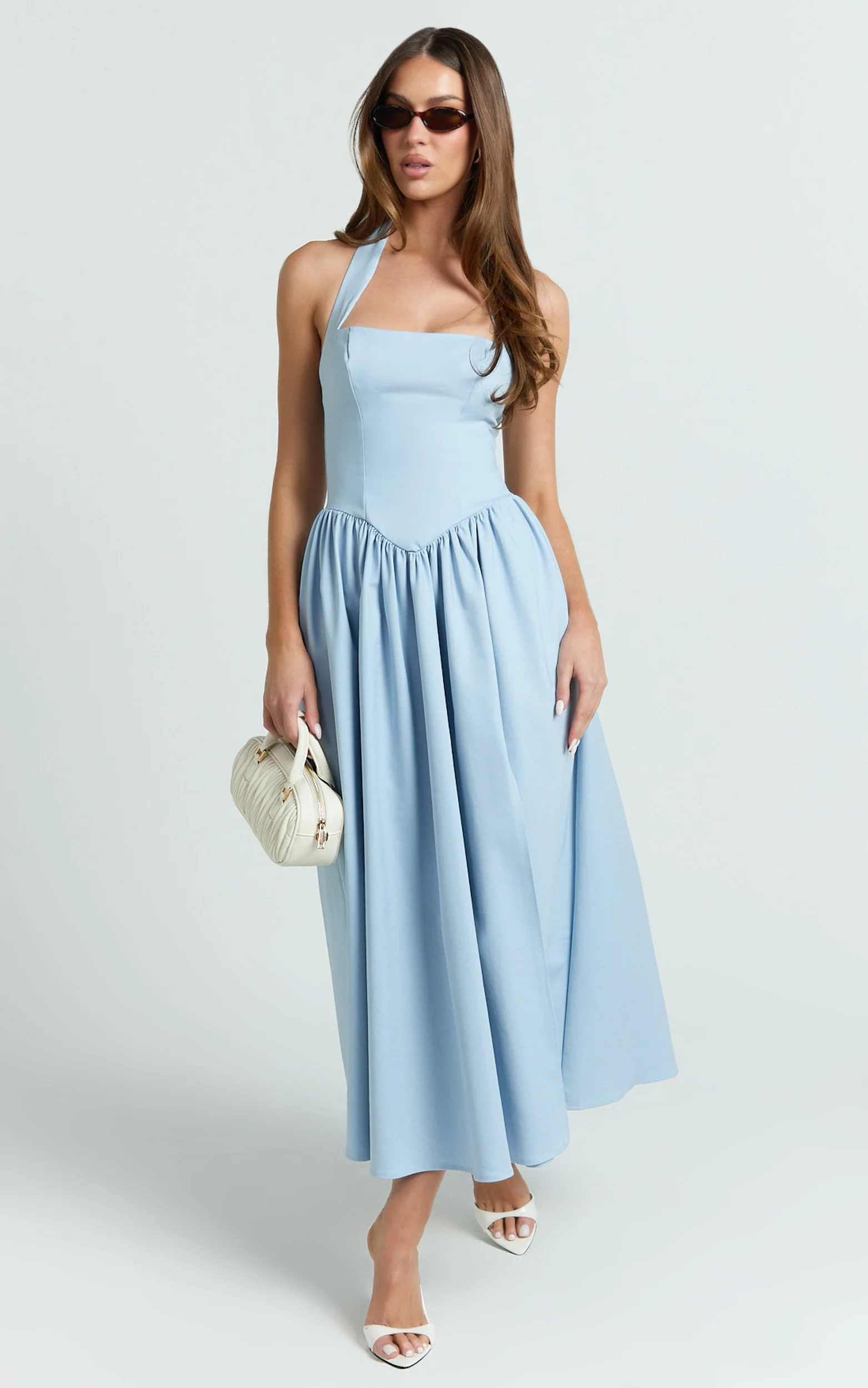 Helda Midi Dress - Halter Tie Neck Corset Panel Dress in Soft Blue
