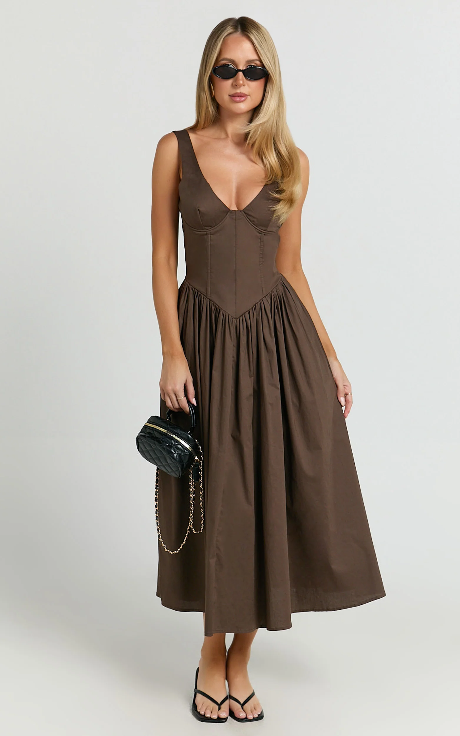 Beckett Midi Dress - Scoop Neck Drop V Waist Gathered Skirt Dress in Dark Chocolate