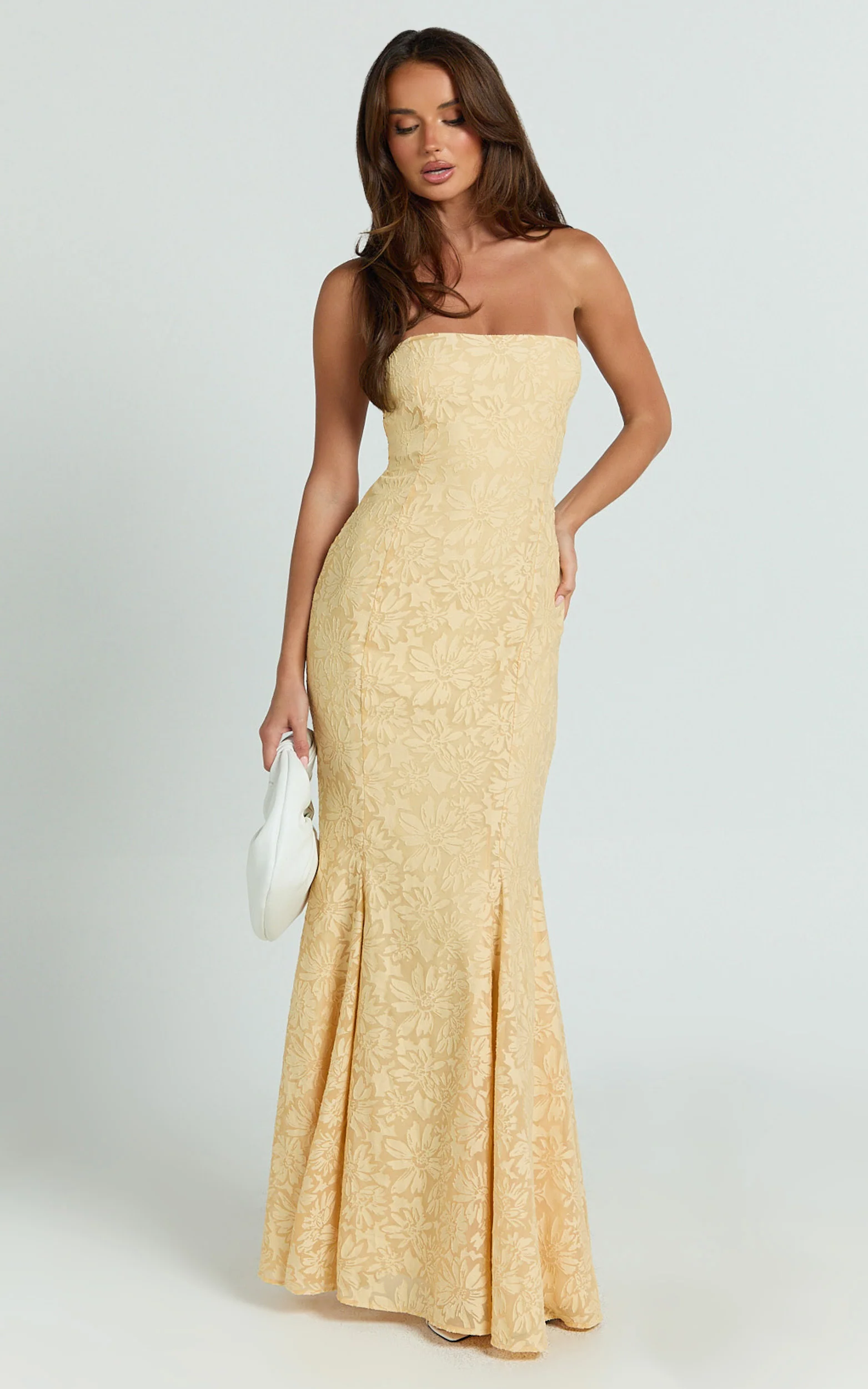 Belrose Maxi Dress - Jacquard Square Neck Fit And Flare Dress in Yellow