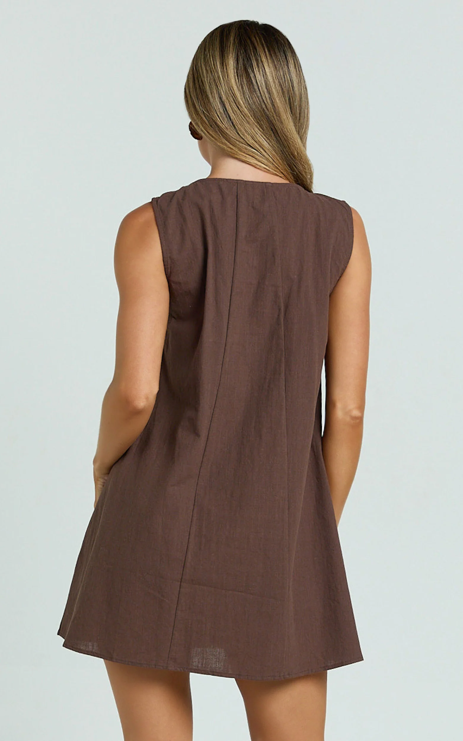 Lucinda Mini Dress - Deep U Gathered Neck Smock Dress in Chocolate