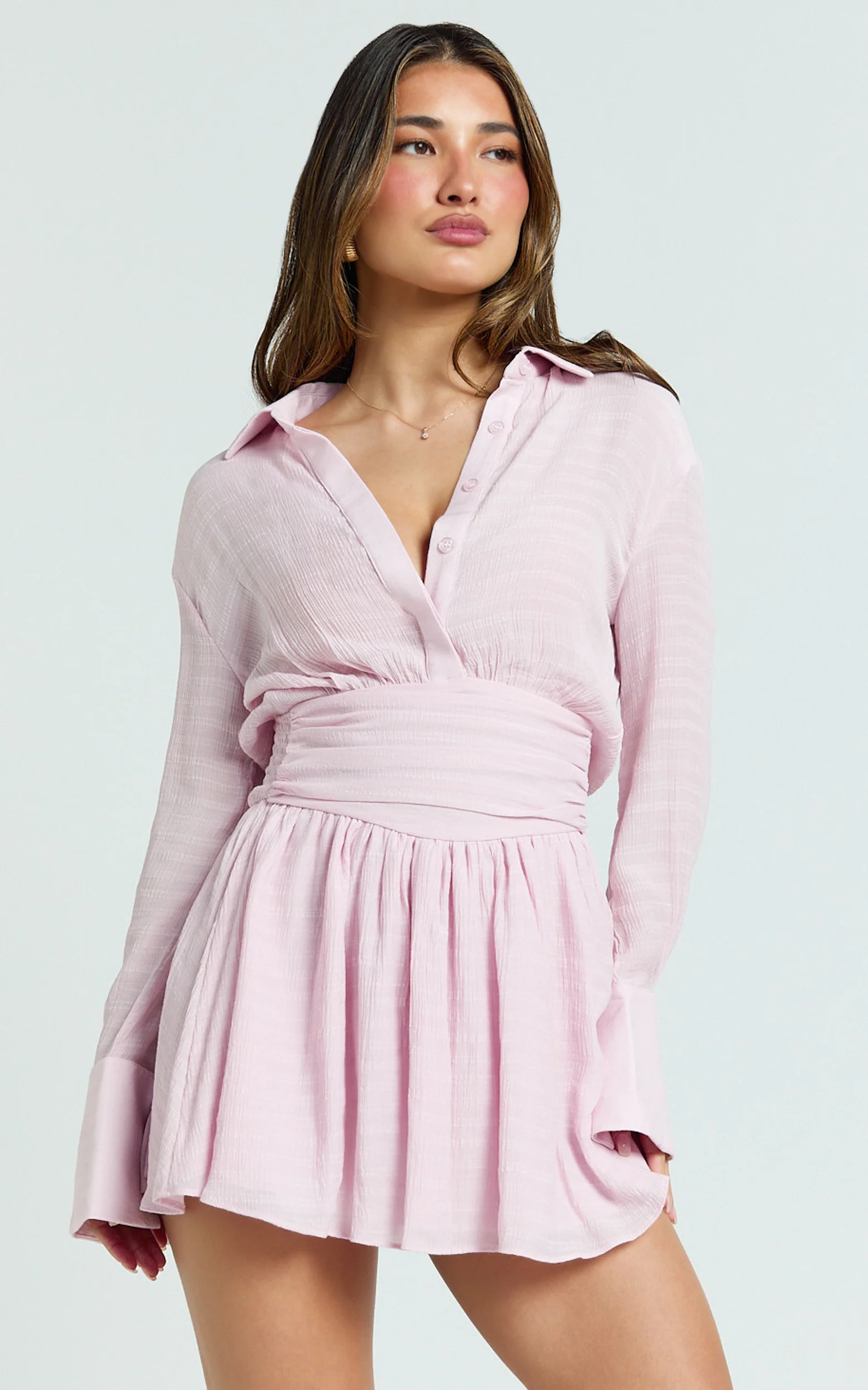 Valerie Mini Dress - Collared Long Sleeve Corset Waist Shirt Dress in Pink