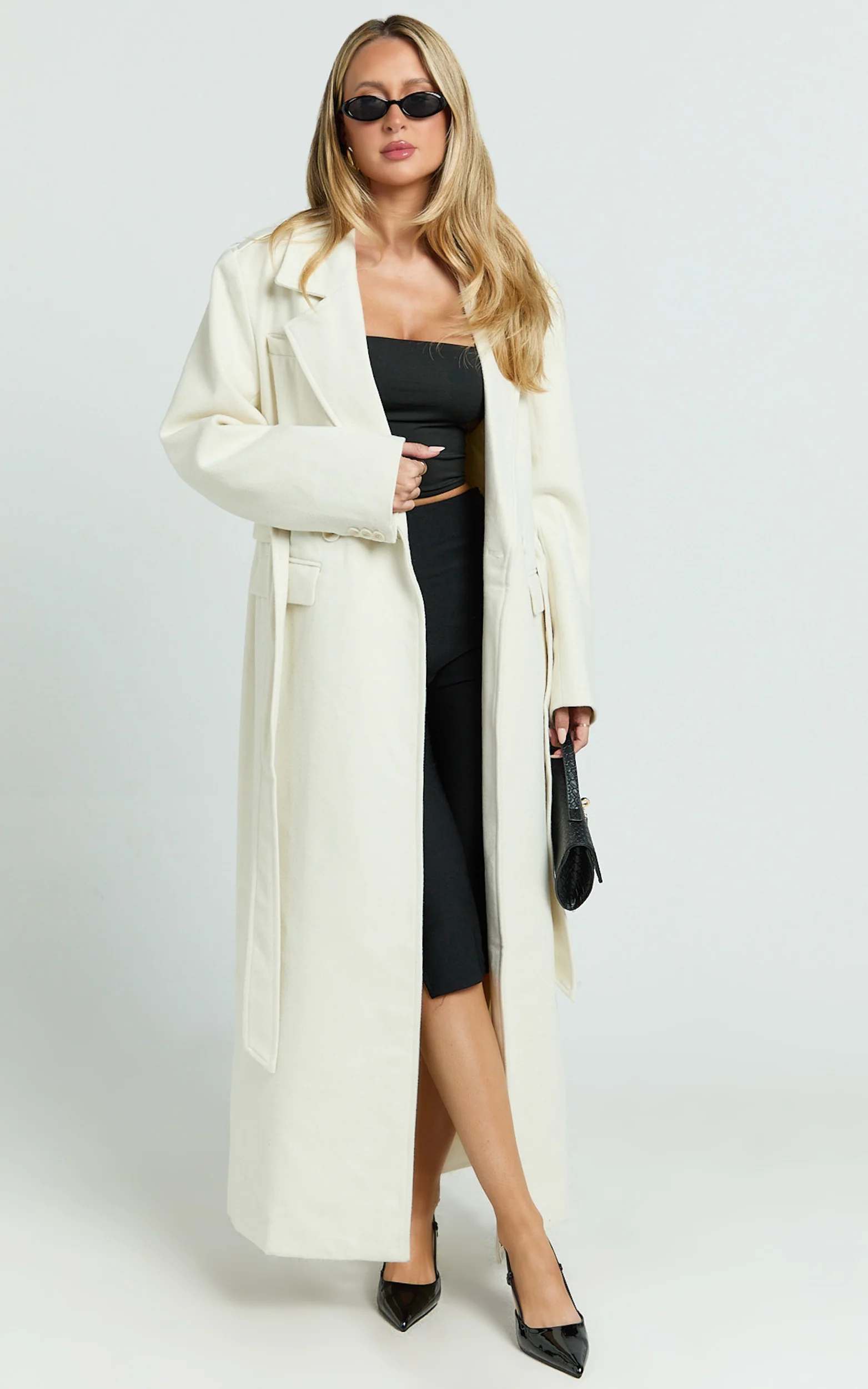 Farah Coat - Single Breasted Oversized Longline Wrap Coat in Off White