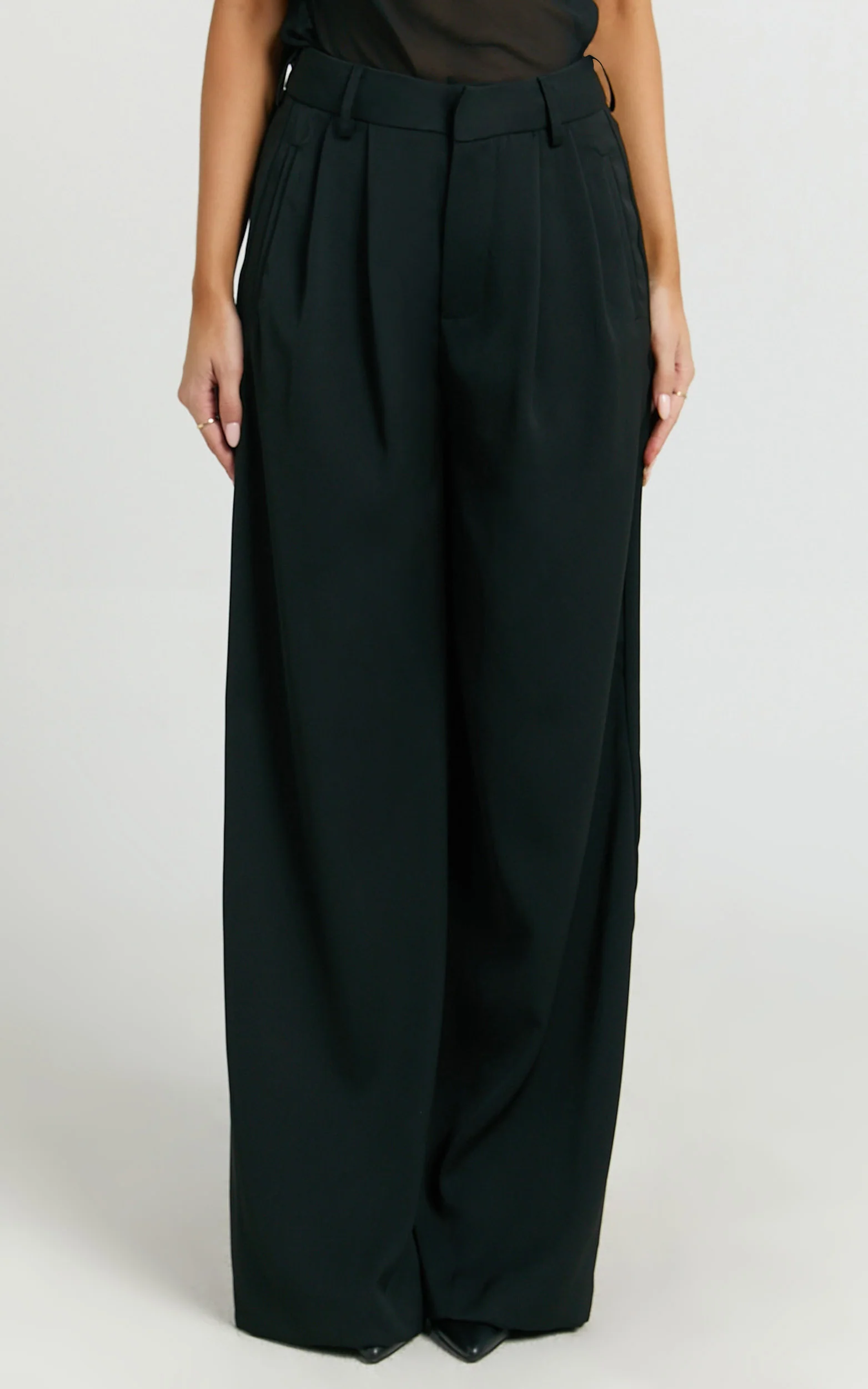 Xandria Pants - Low Rise Double Pleated Wide Leg Pants in Black