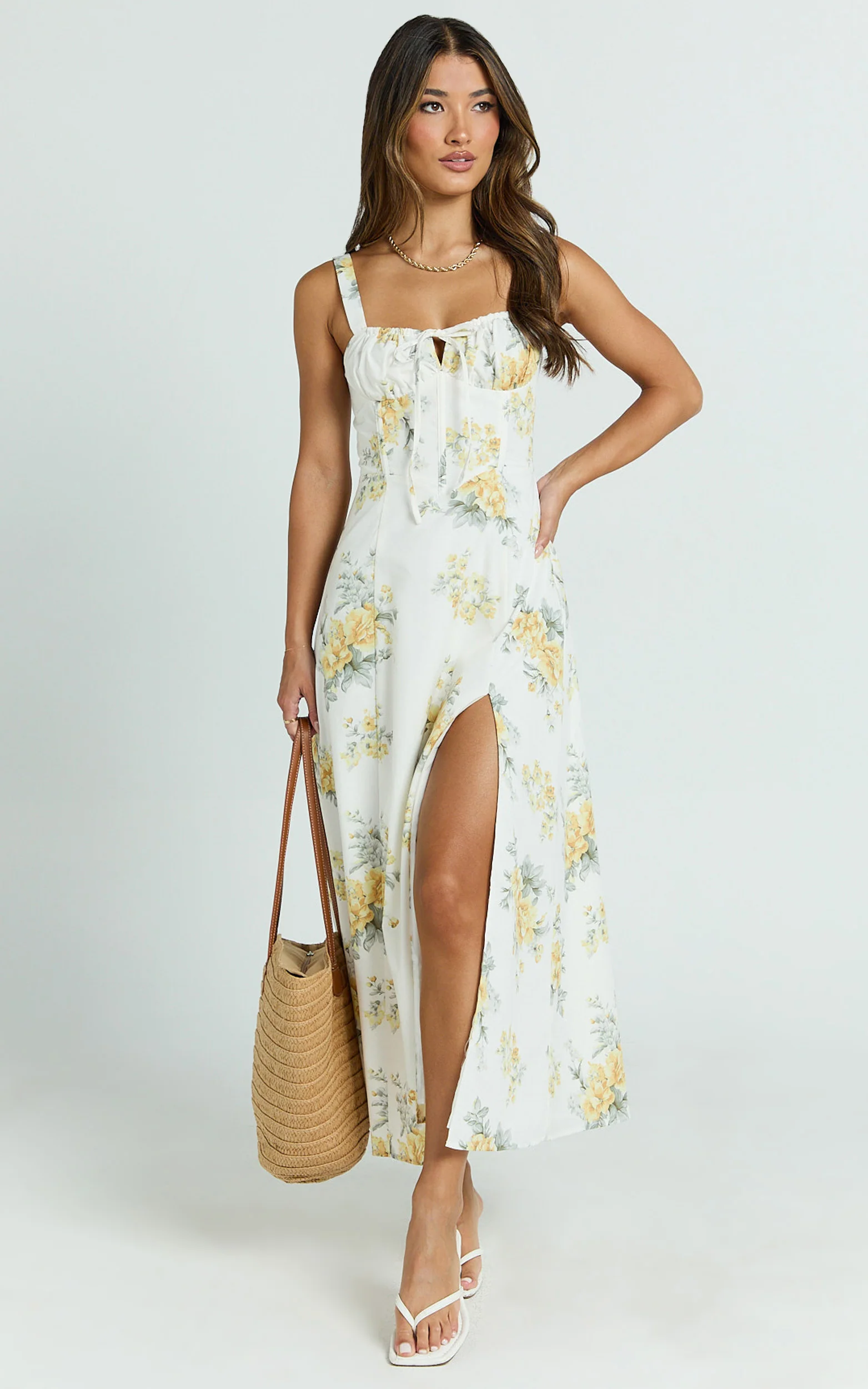 Gretel Midi Dress - Tie Front Corset Leg Split Dress in Antique Florals