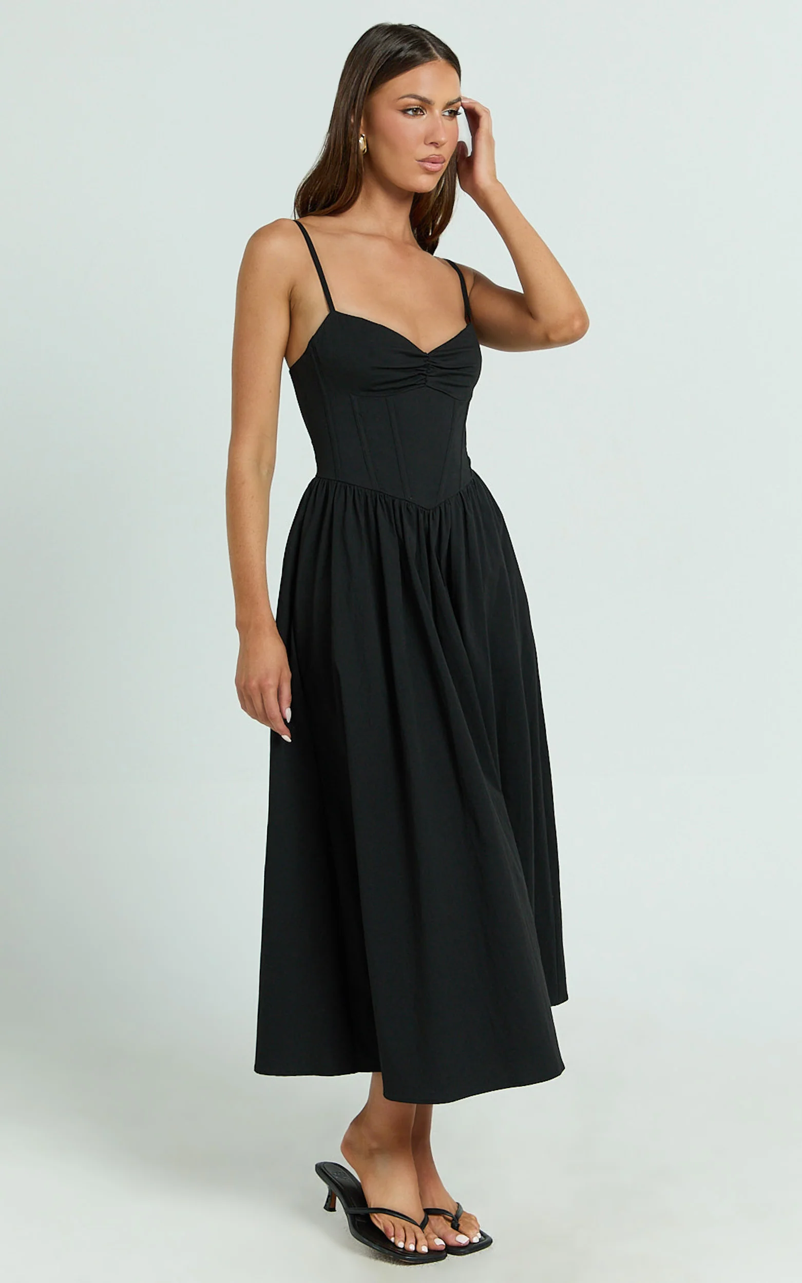 Maddie Midi Dress - Sweetheart Fit And Flare Gathered Dress in Black