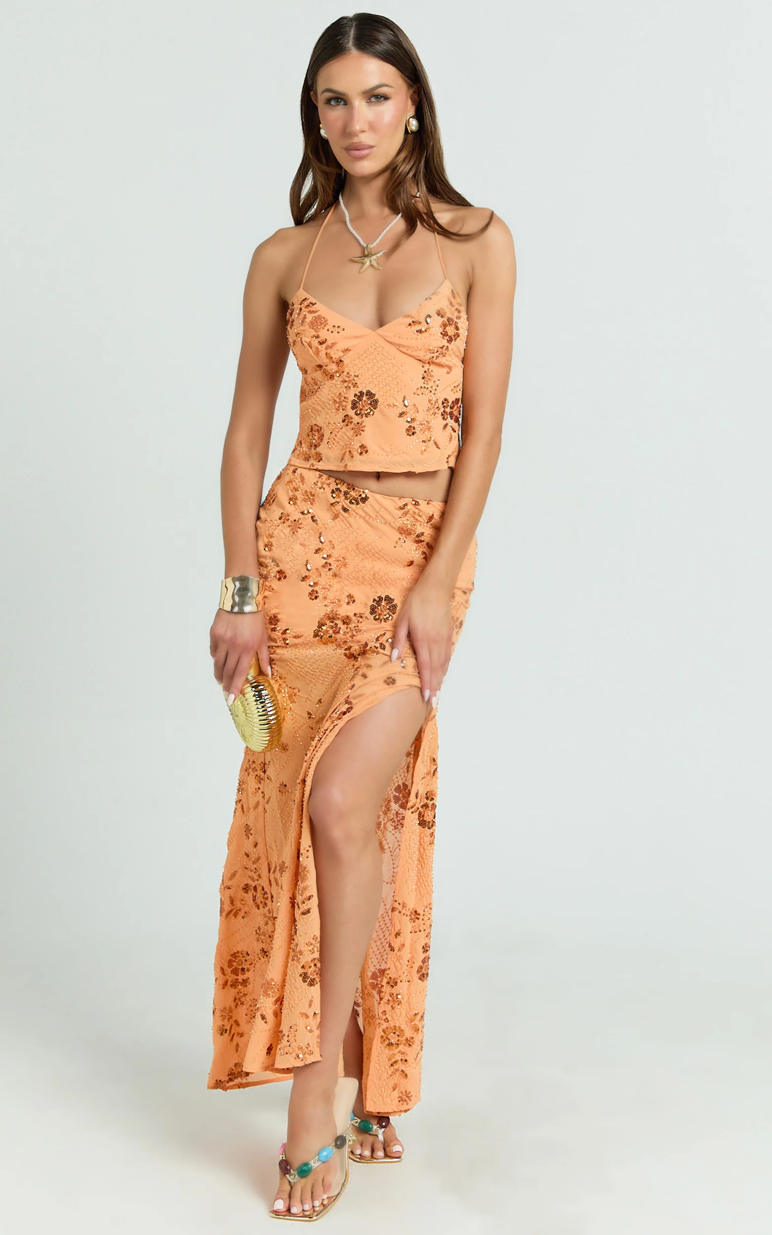 Petunia Top - Sequin Halter Neck Top in Orange