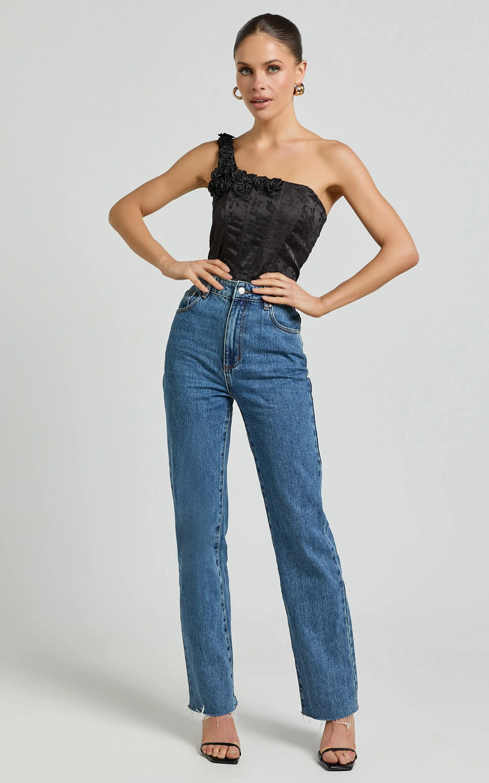 Gemma Top - One Shoulder Rosette Detail Top in Black