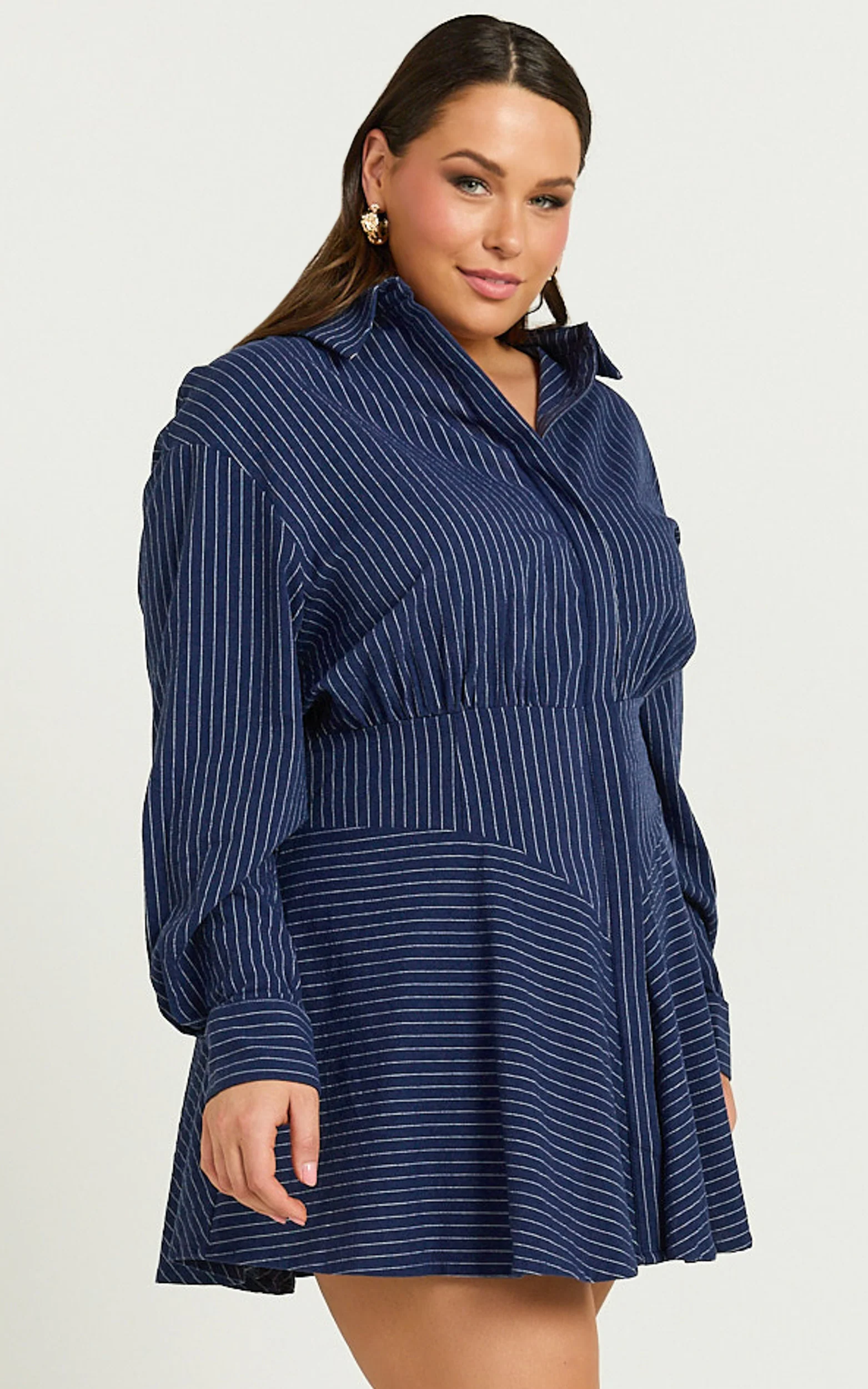 Whitney Mini Dress - Linen Long Sleeve Shirt Dress in Navy