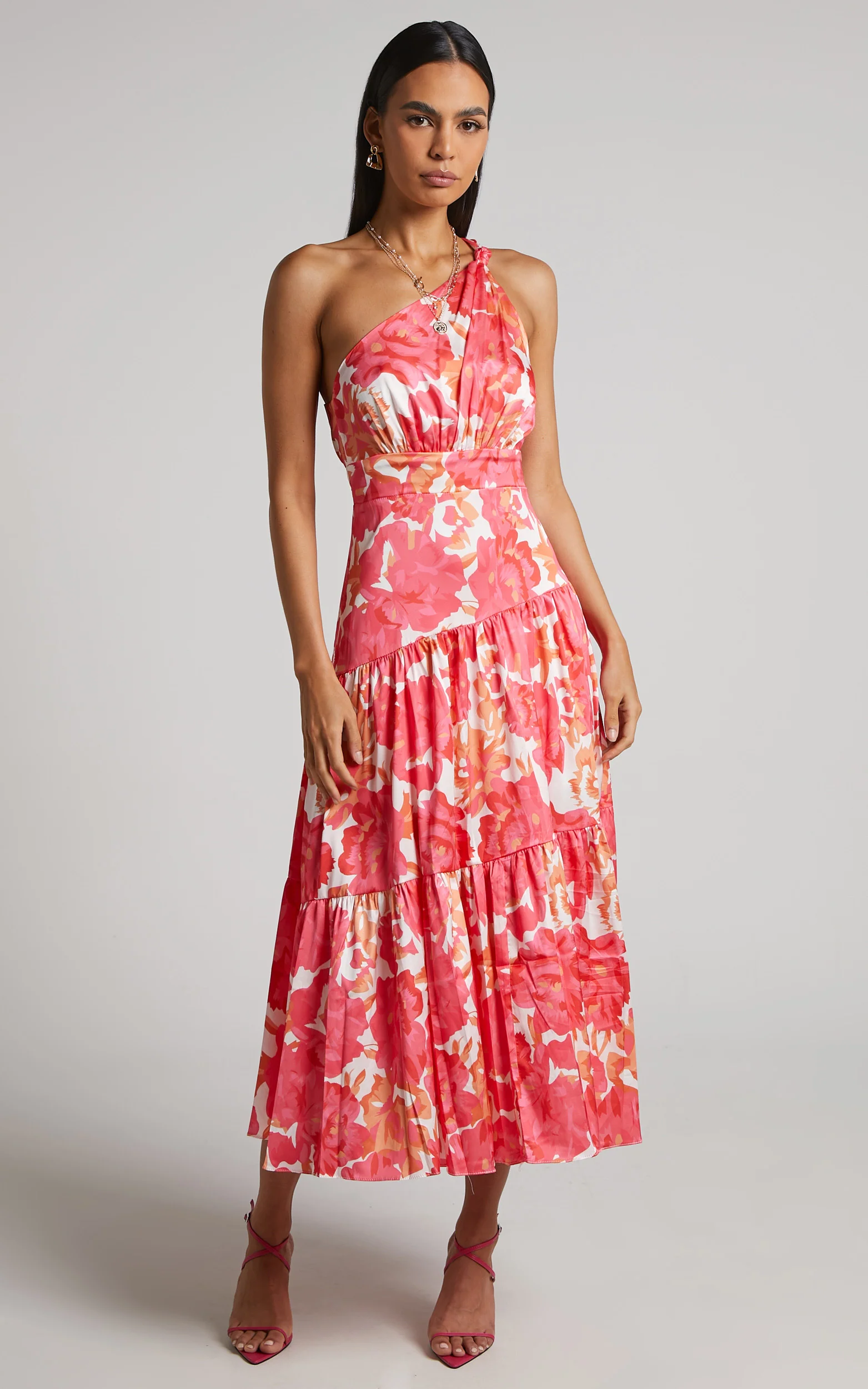 Georgine Midi Dress - One Shoulder Ruched Tiered Dress in Peony Blossom