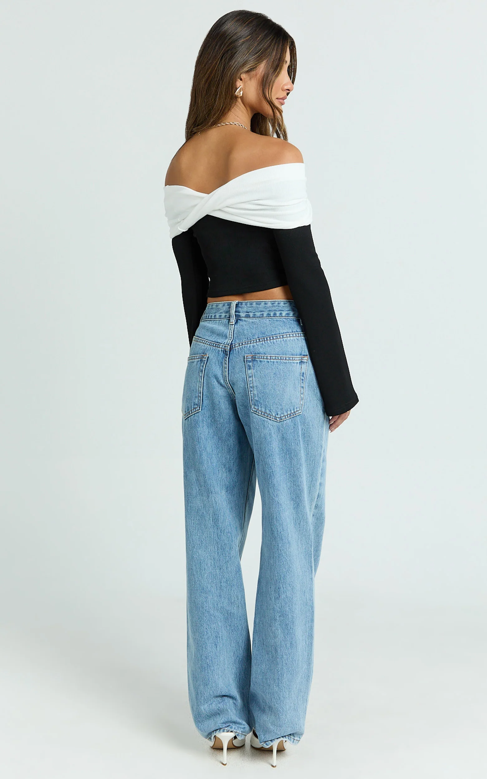 Sadie Top - Twist Off Shoulder Long Sleeve Rib Top in White/Black