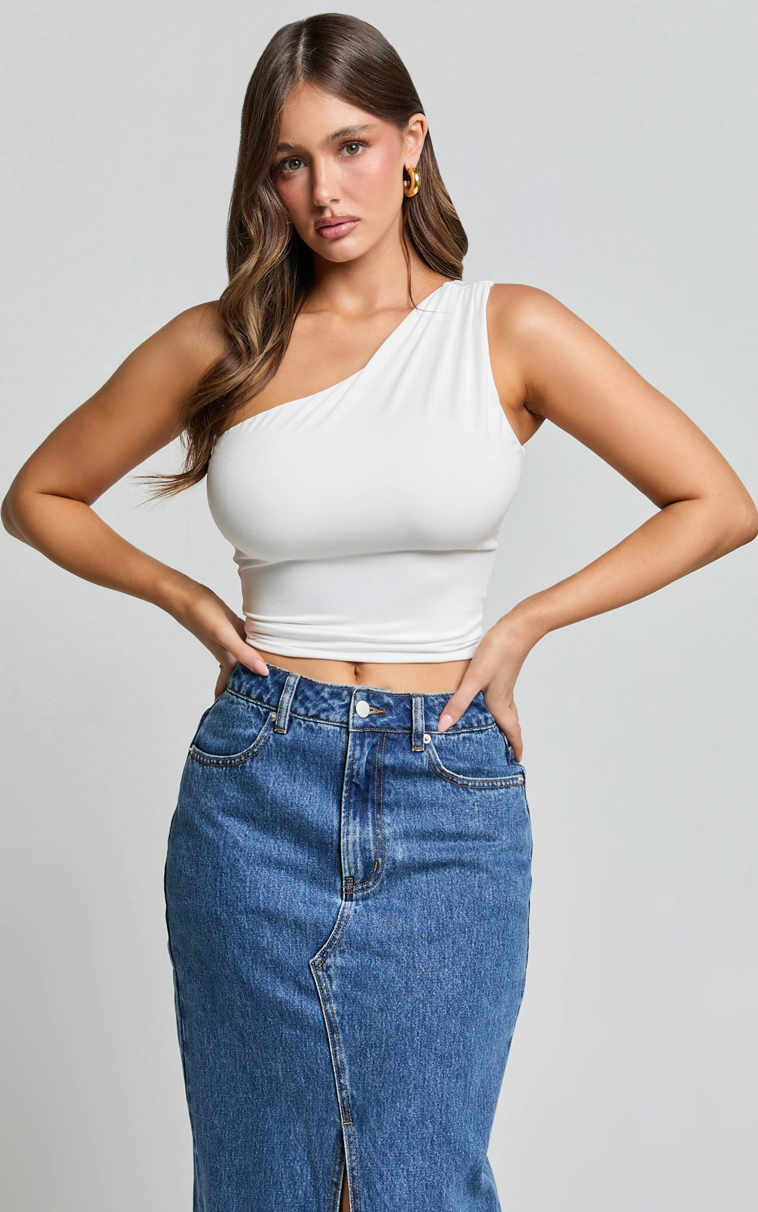 Evette Top - Jersey Gathered One Shoulder Top in Ivory