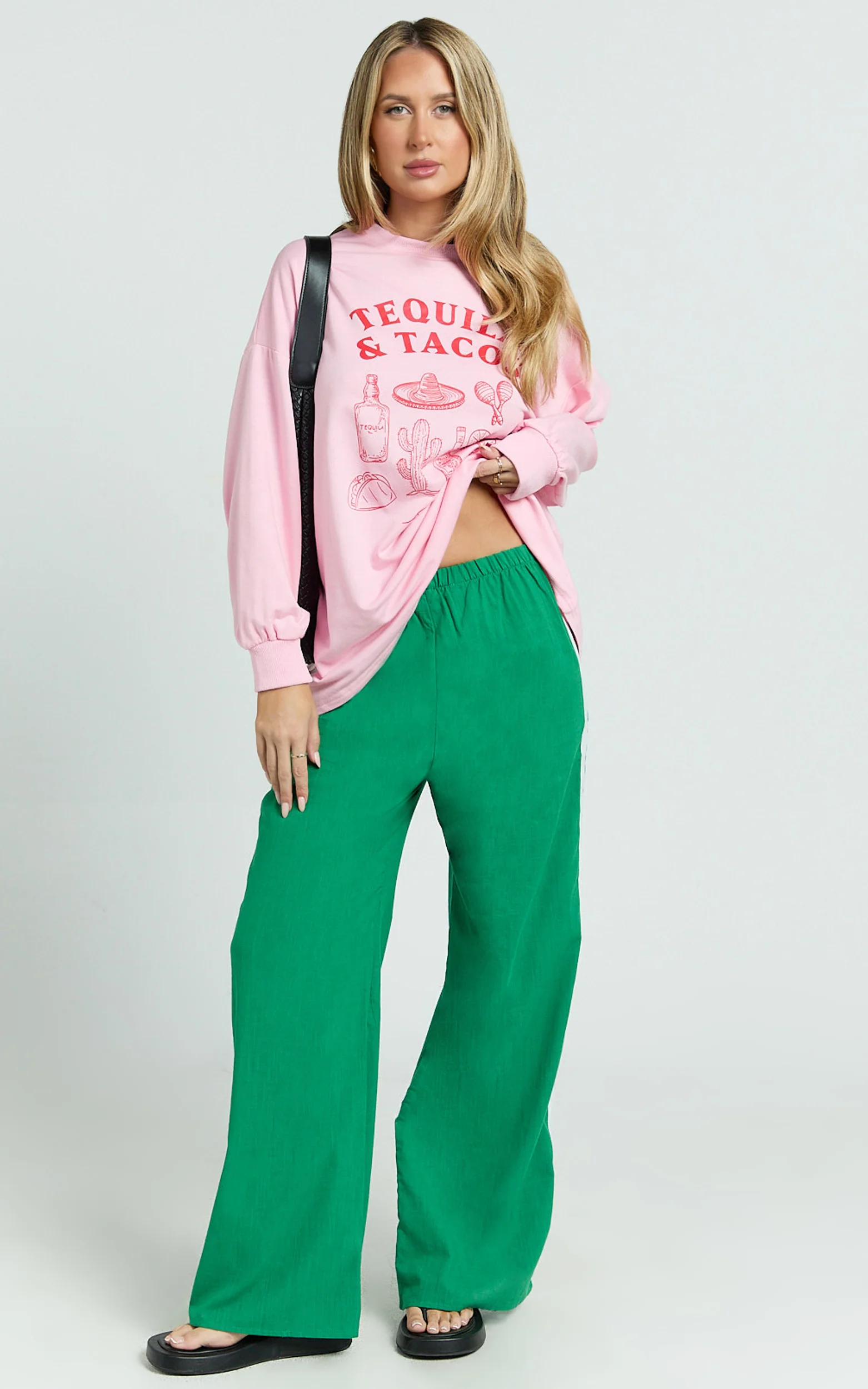 Aina Two Piece Set - Tequila & Tacos Long Sleeve Tee and Pants Set in Pink / Green