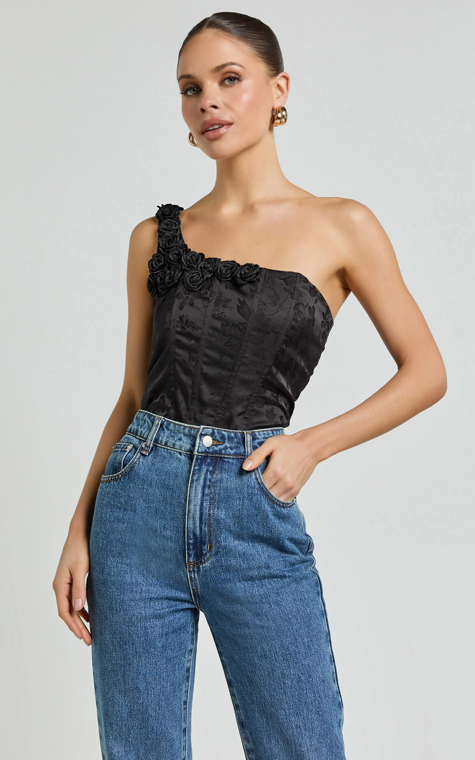 Gemma Top - One Shoulder Rosette Detail Top in Black