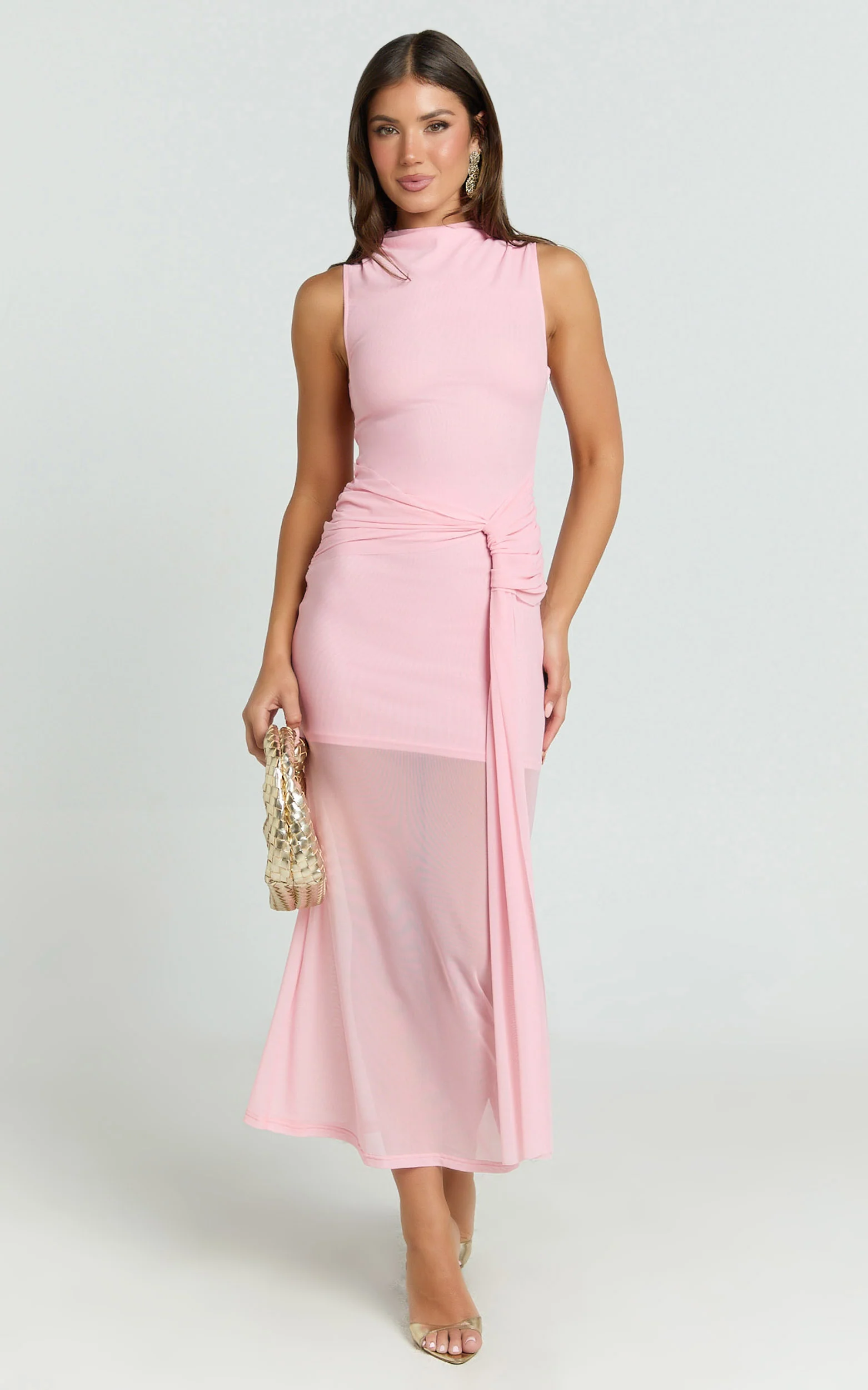 Jaimae Midi Dress - High Neck Side Knot Detail Mesh Dress in Soft Pink