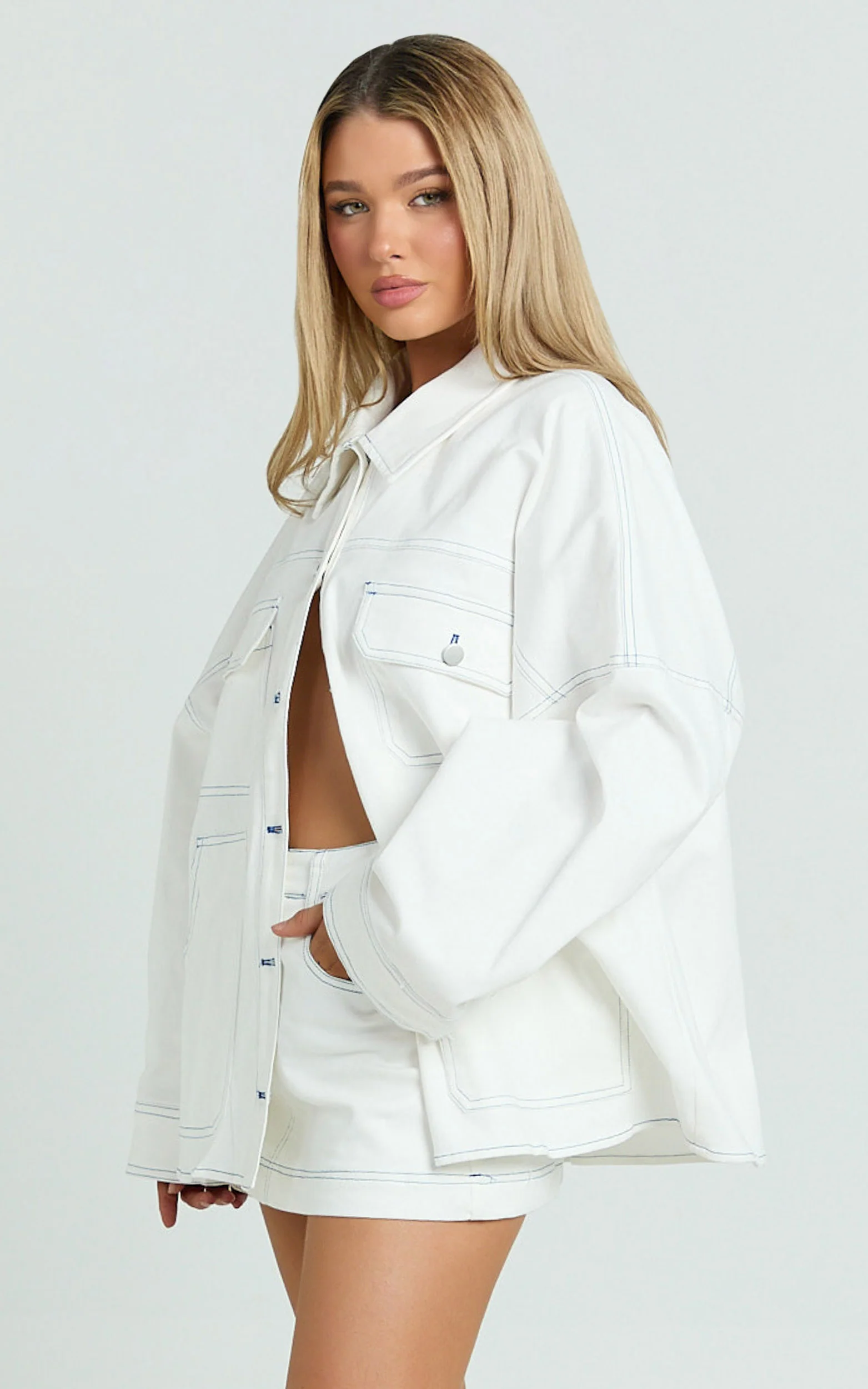 Richelle Jacket - Contrast Stitch Oversized Jacket With Contrast Stitch Detail in Off White