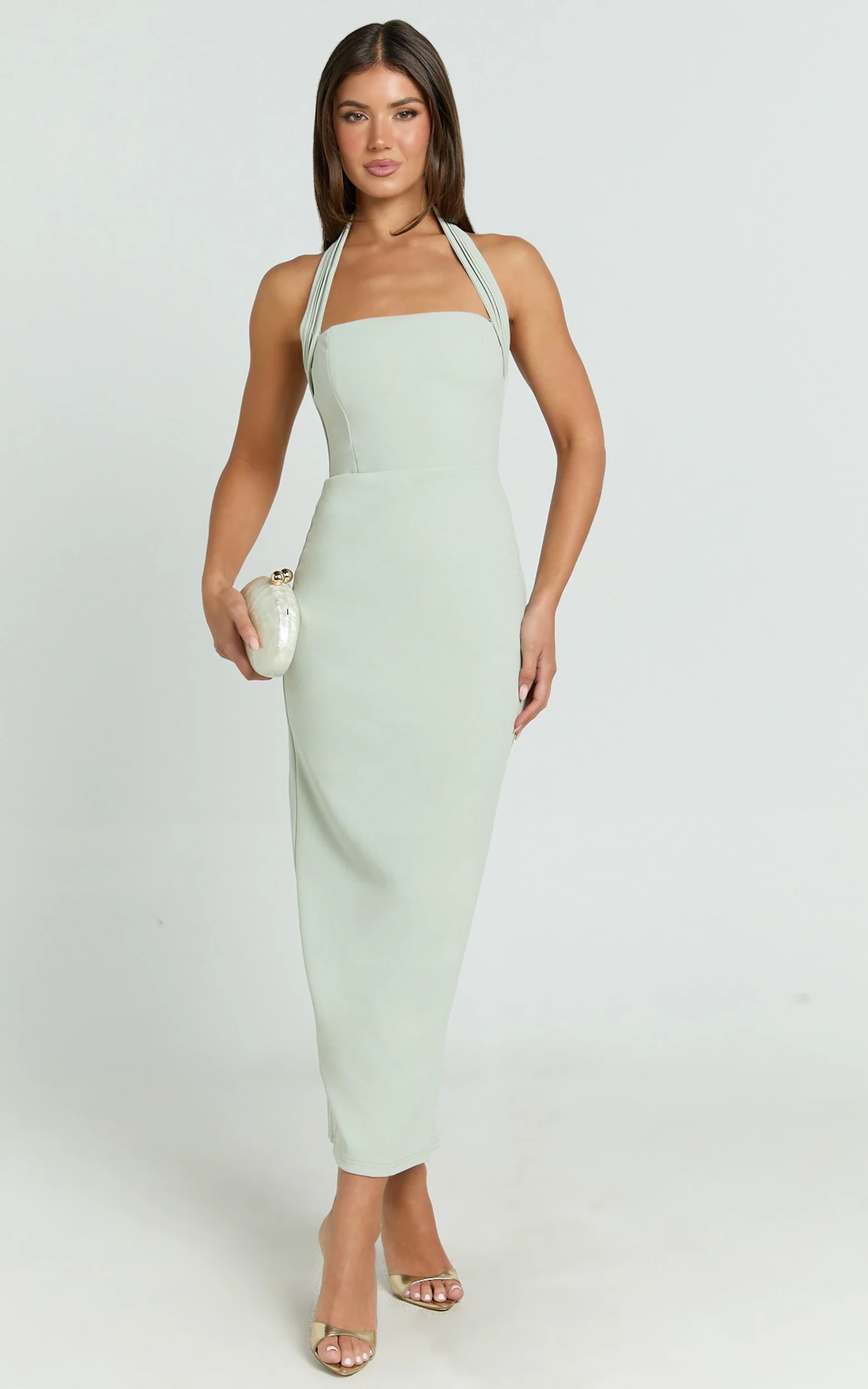 Salome Midi Dress - Halter Neck Column Dress in Sage