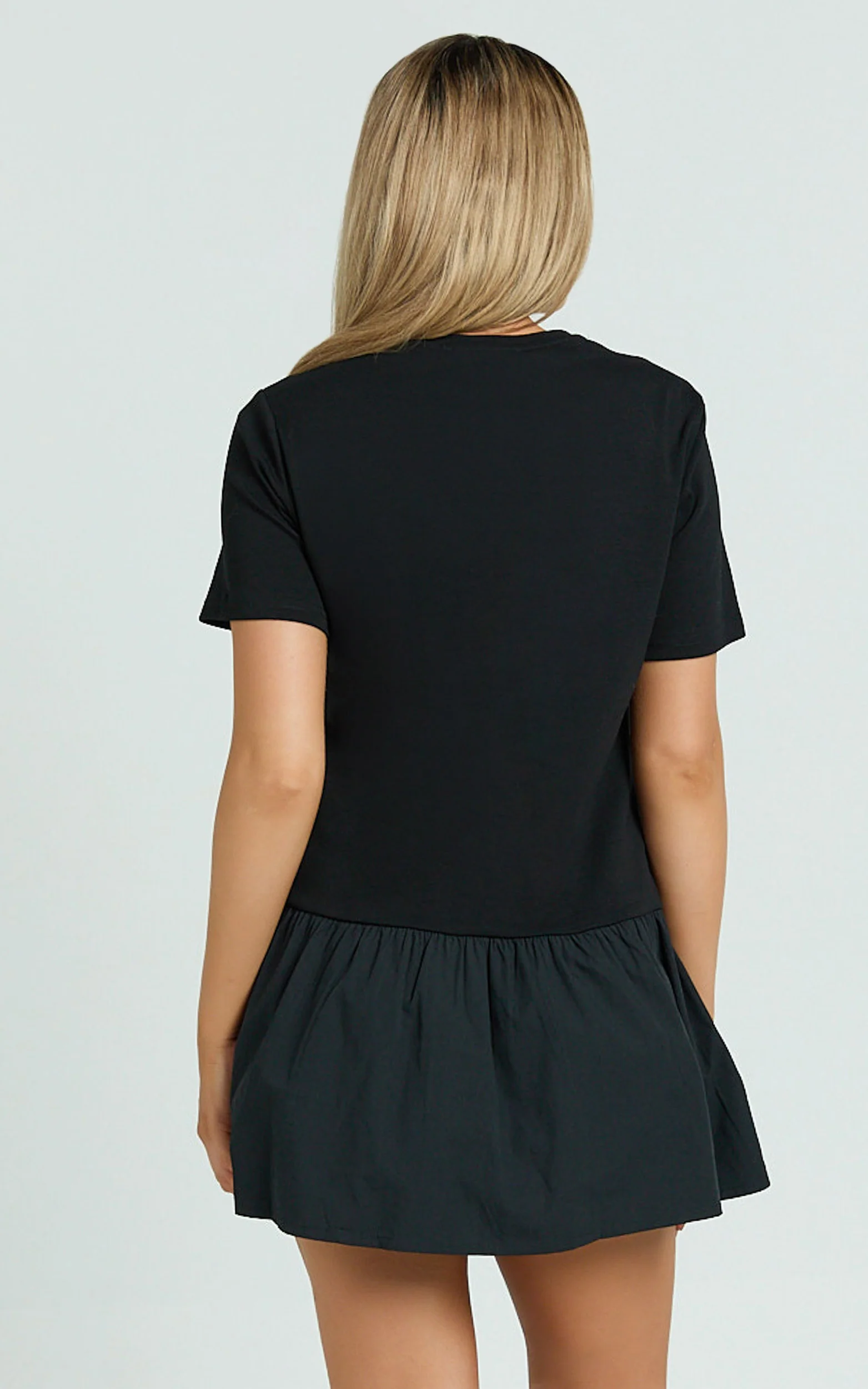 Kym Mini Dress - Tee Shirt Top Drop Waist Gathered Full Skirt Dress in Black
