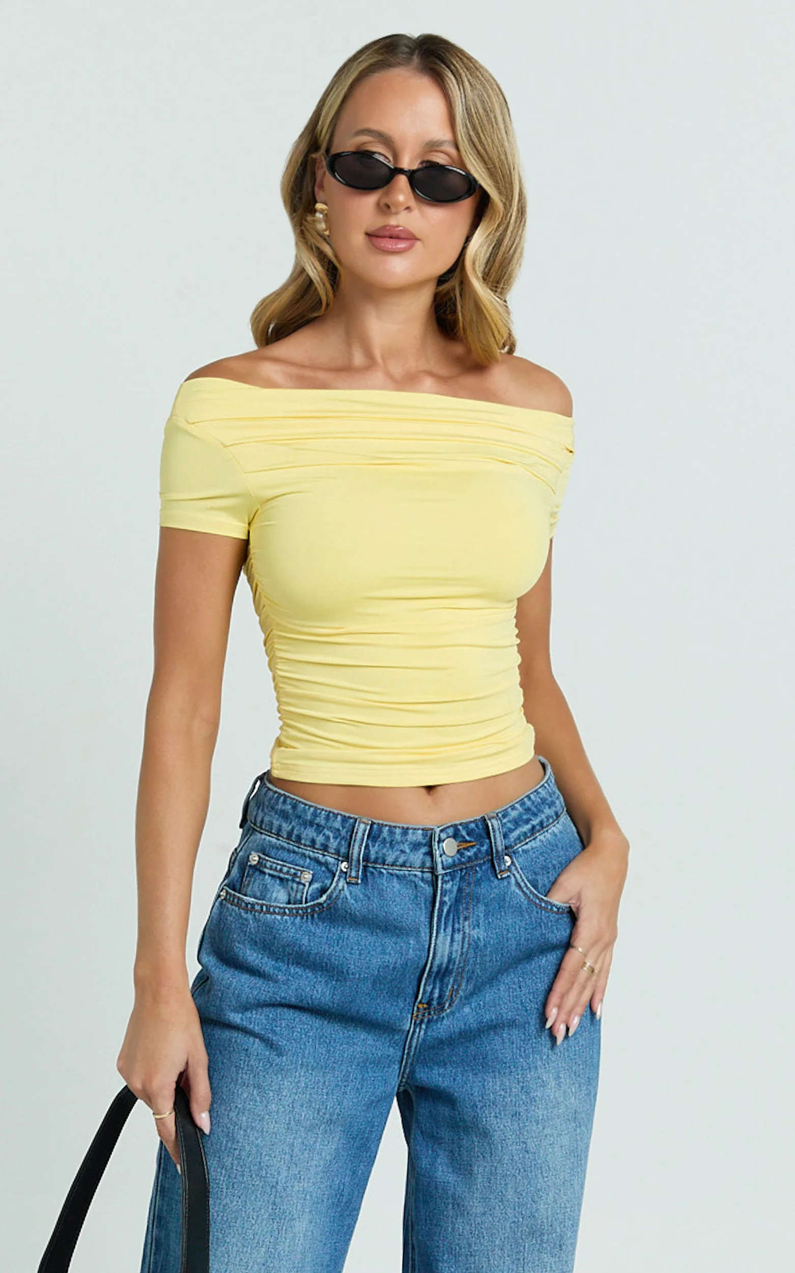 Gena Top - Off Shoulder Gathered Short Sleeve Top in Pastel Yellow