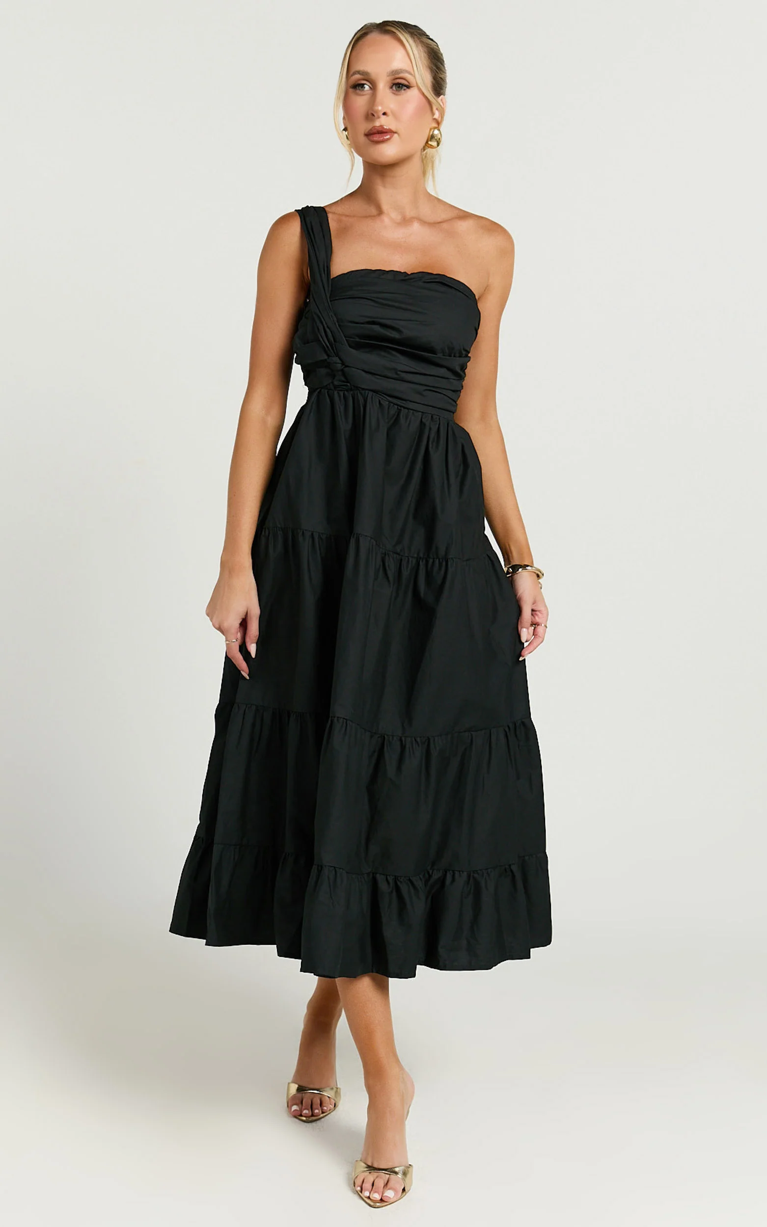 Stephanie Midi Dress - One Shoulder Tiered Midi Dress in Black