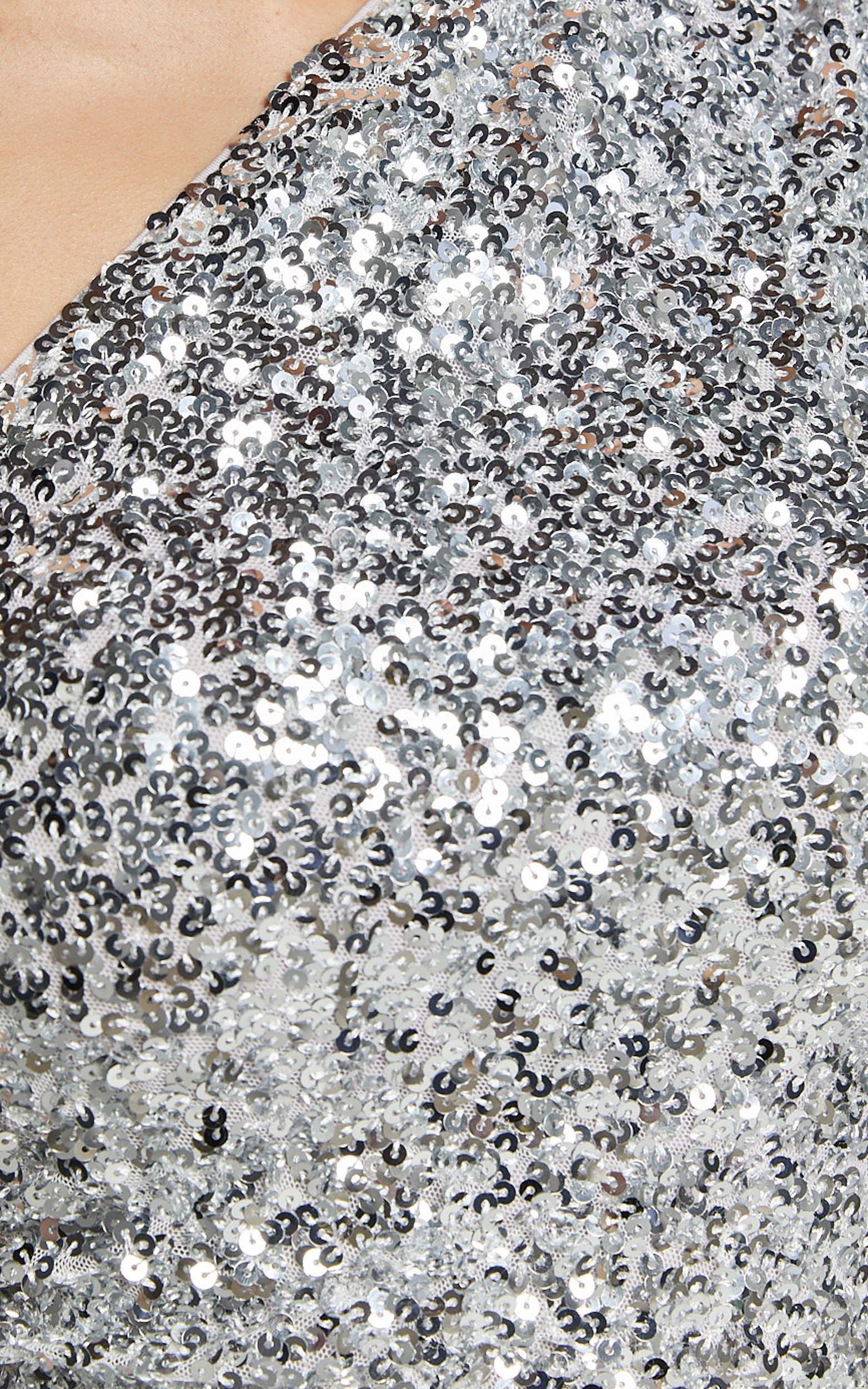 Blanchett Midi Dress - Sequin One Shoulder Gathered Asymmetric Midi Dress in Silver