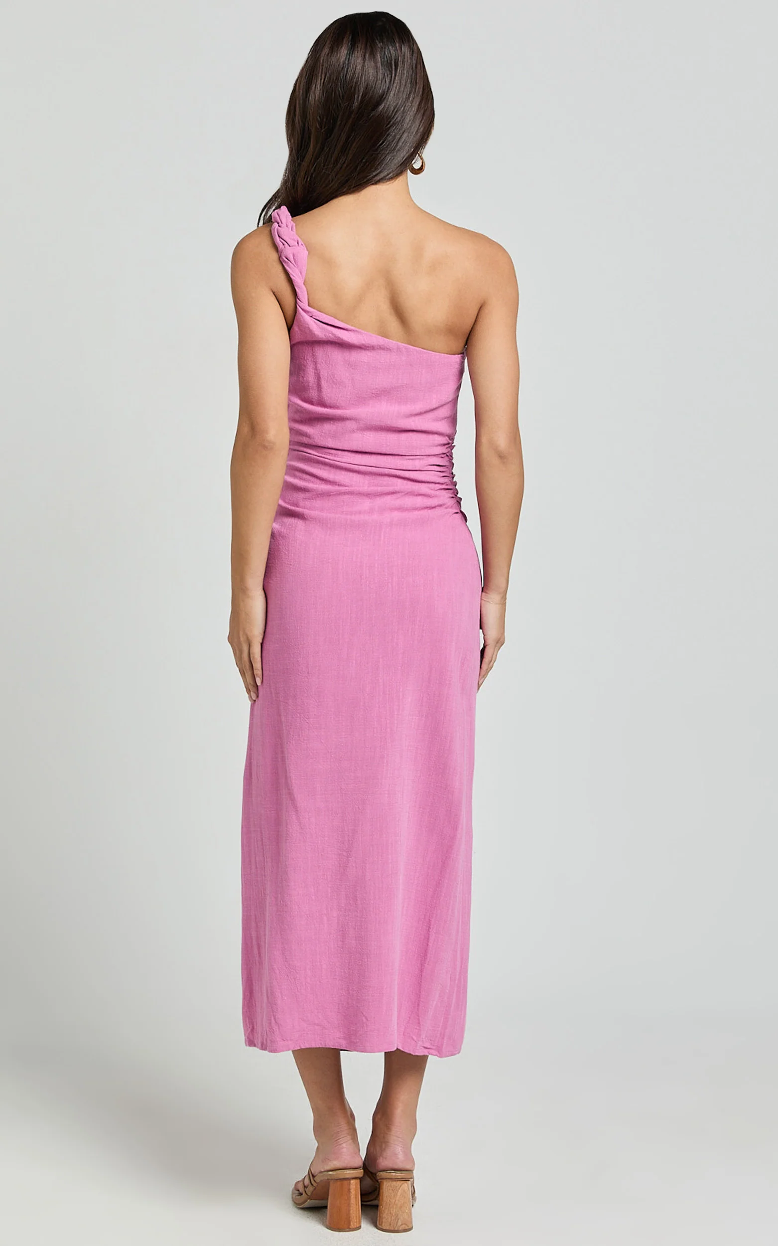 Finley Midi Linen Dress - Linen Feel One Shoulder Ruched Dress in Orchid