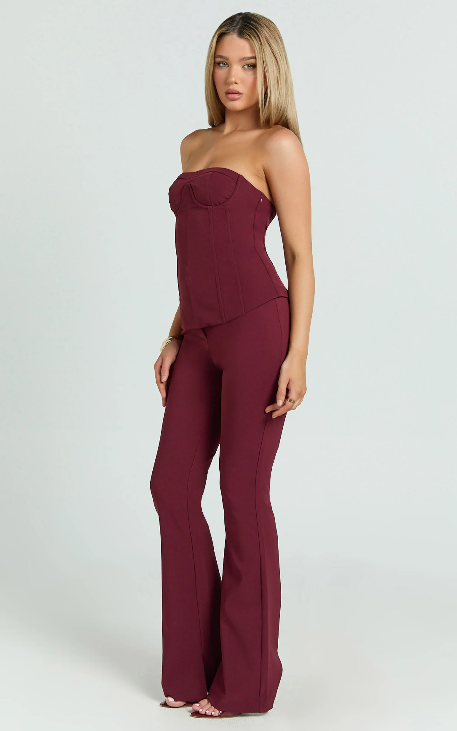 Irene Top - Strapless Sweetheart Lace Up Back Top in Wine
