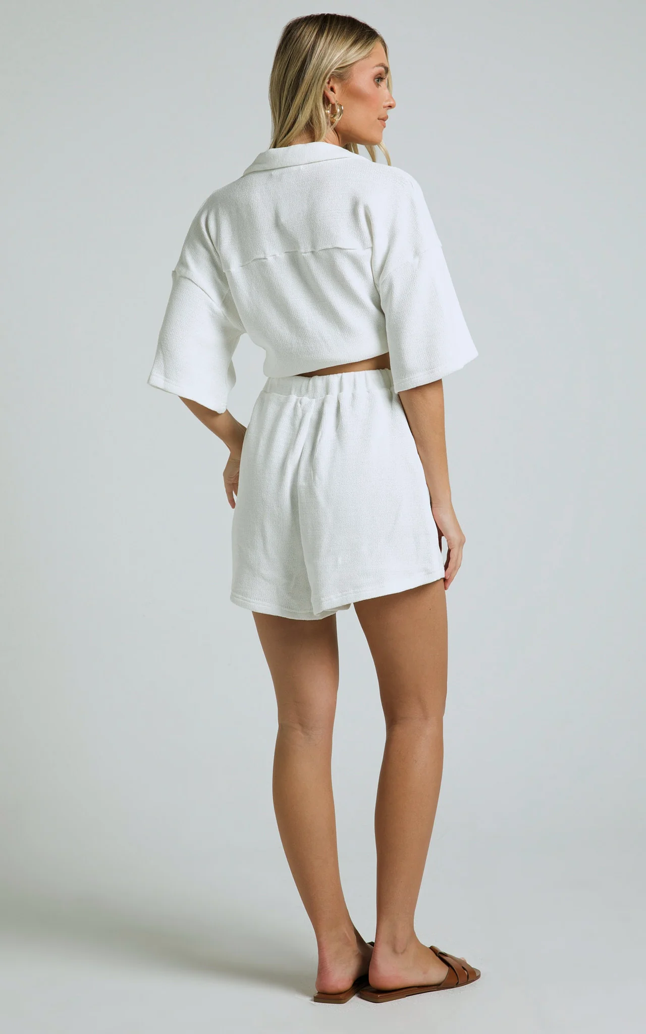 Kahlani Two Piece Set - Collared Short Sleeve and High Waisted Shorts in White
