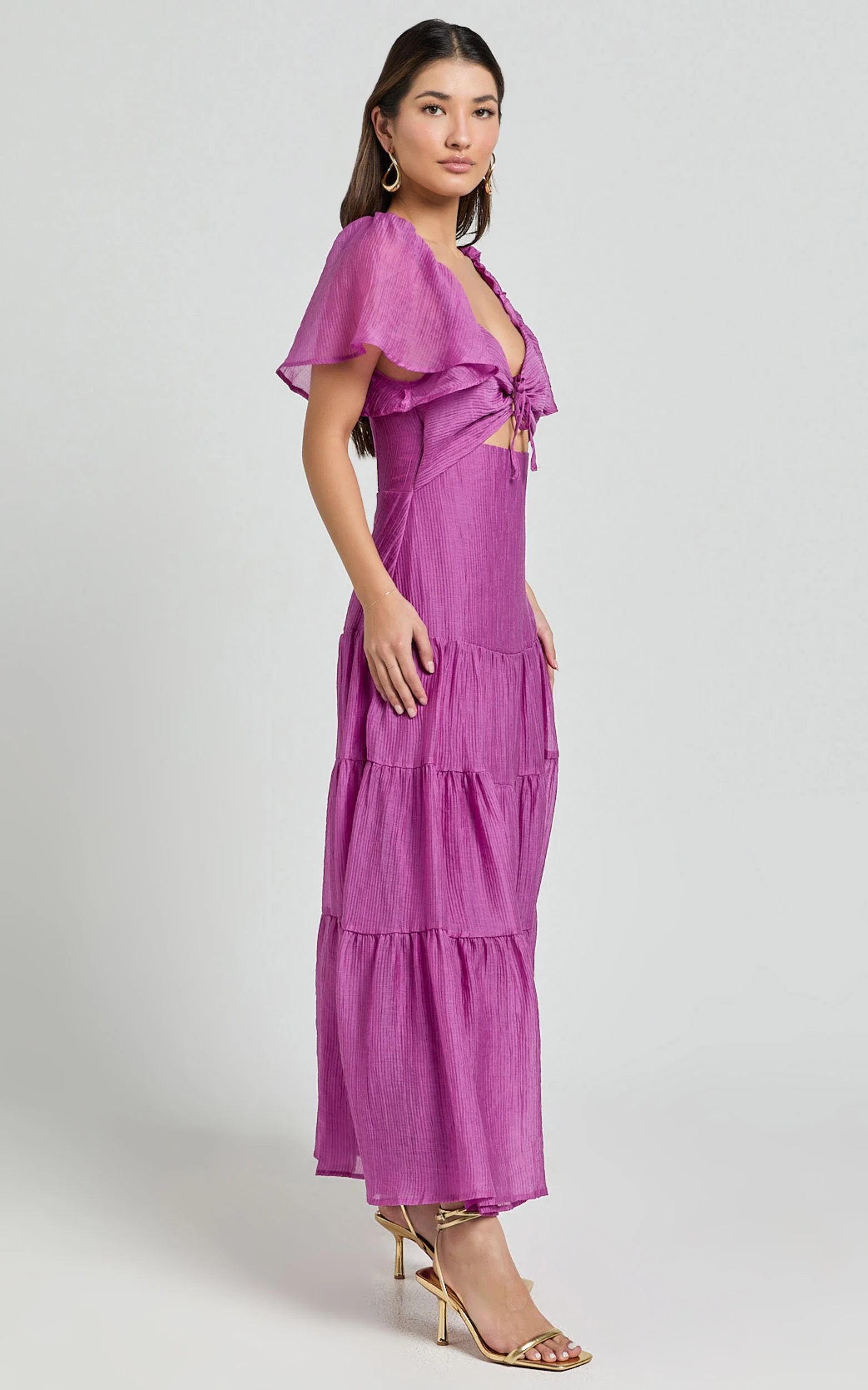 Patricia Midi Dress - Flutter Sleeve Tie Front Tiered Dress in Orchid