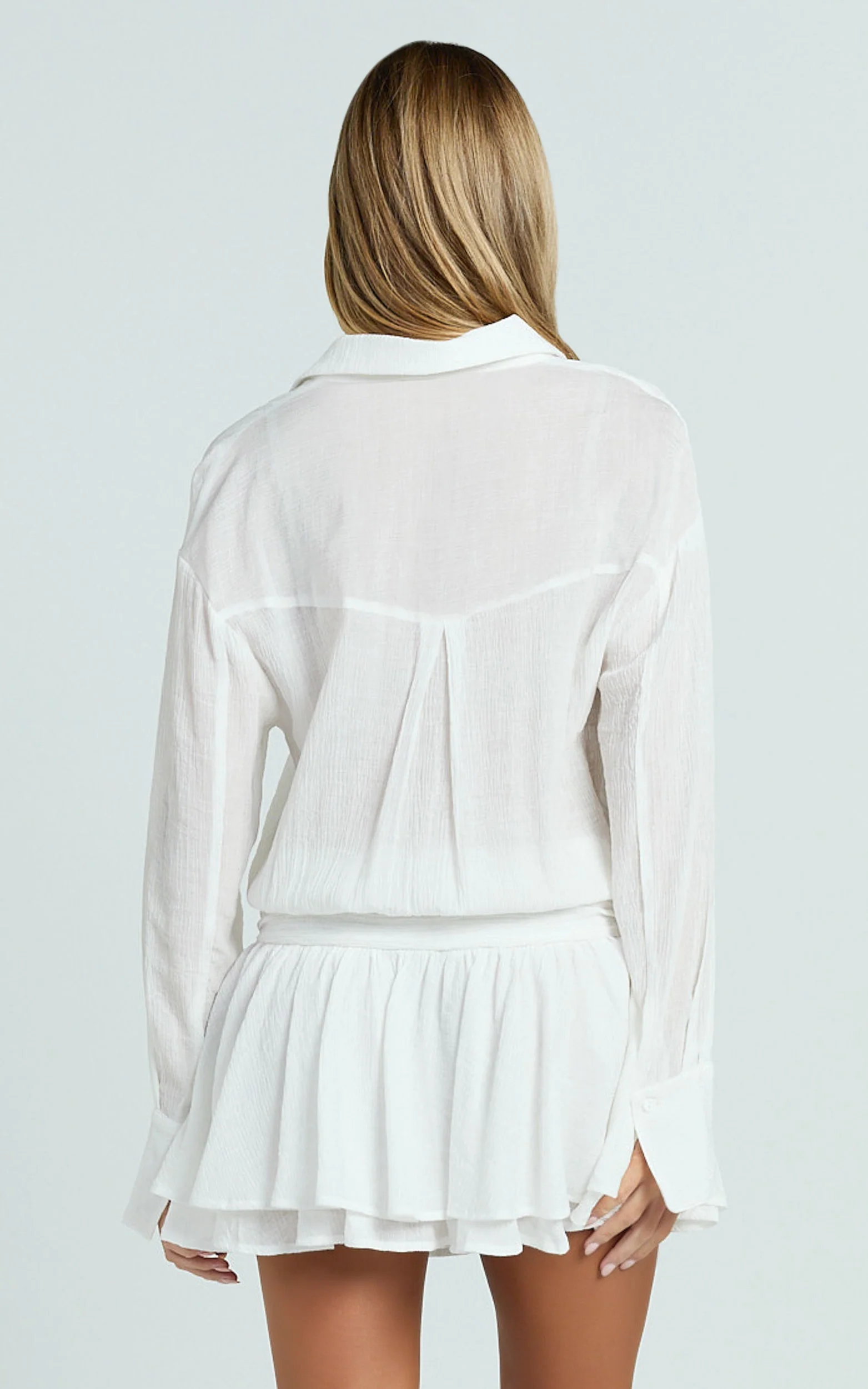 Edith Mini Dress - Long Sleeve Drop Waist Shirt Dress in White