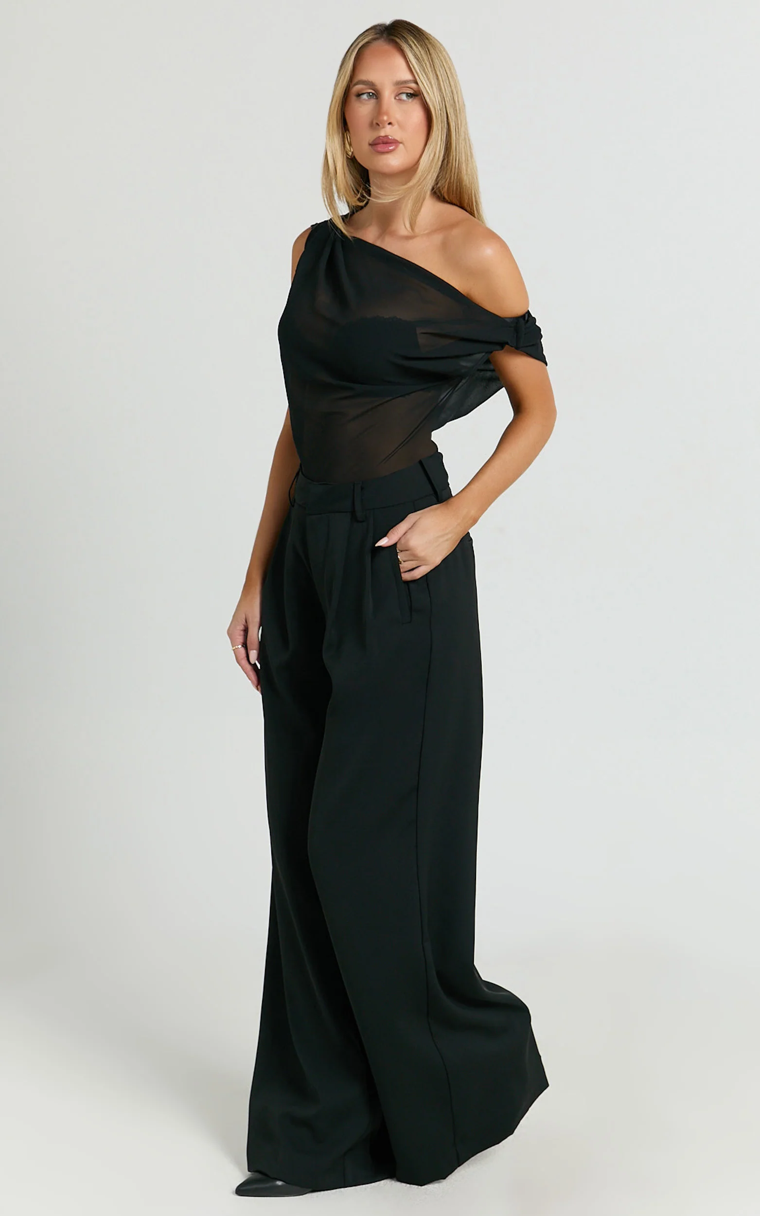 Xandria Pants - Low Rise Double Pleated Wide Leg Pants in Black