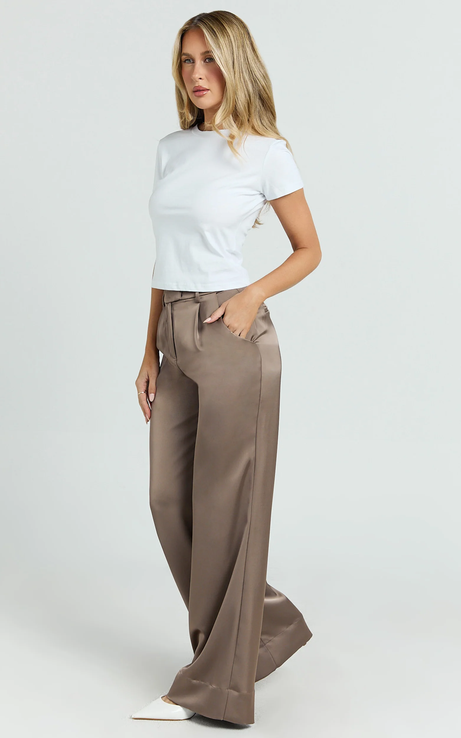 Cade Pants - Mid Waisted Front Pleat Satin Wide Leg Pants in Taupe