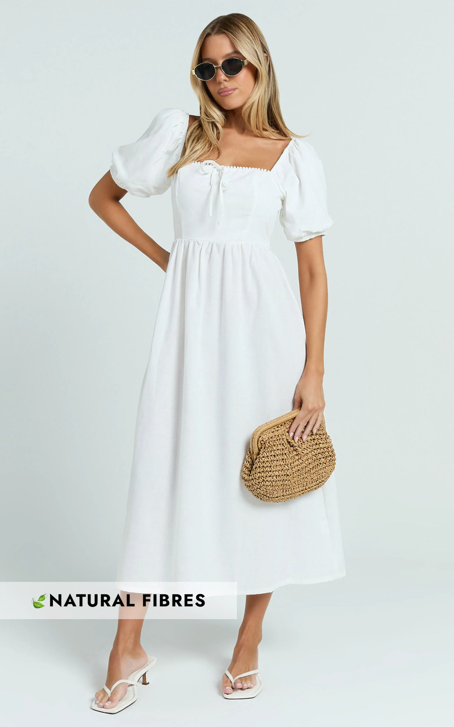 Quinn Midi Linen Blend Dress - Puff Sleeve Square Neck Dress in White