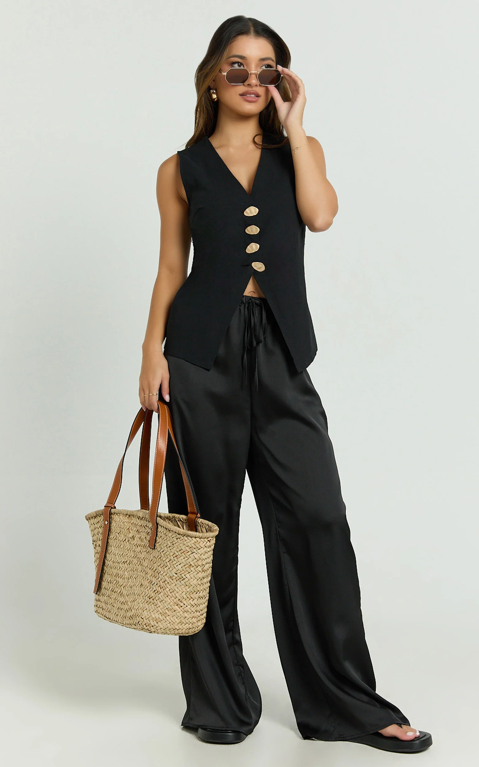 Myrna Two Piece Set - Gold Hardware Waistcoat Top and Relaxed Satin Pants Set in Black