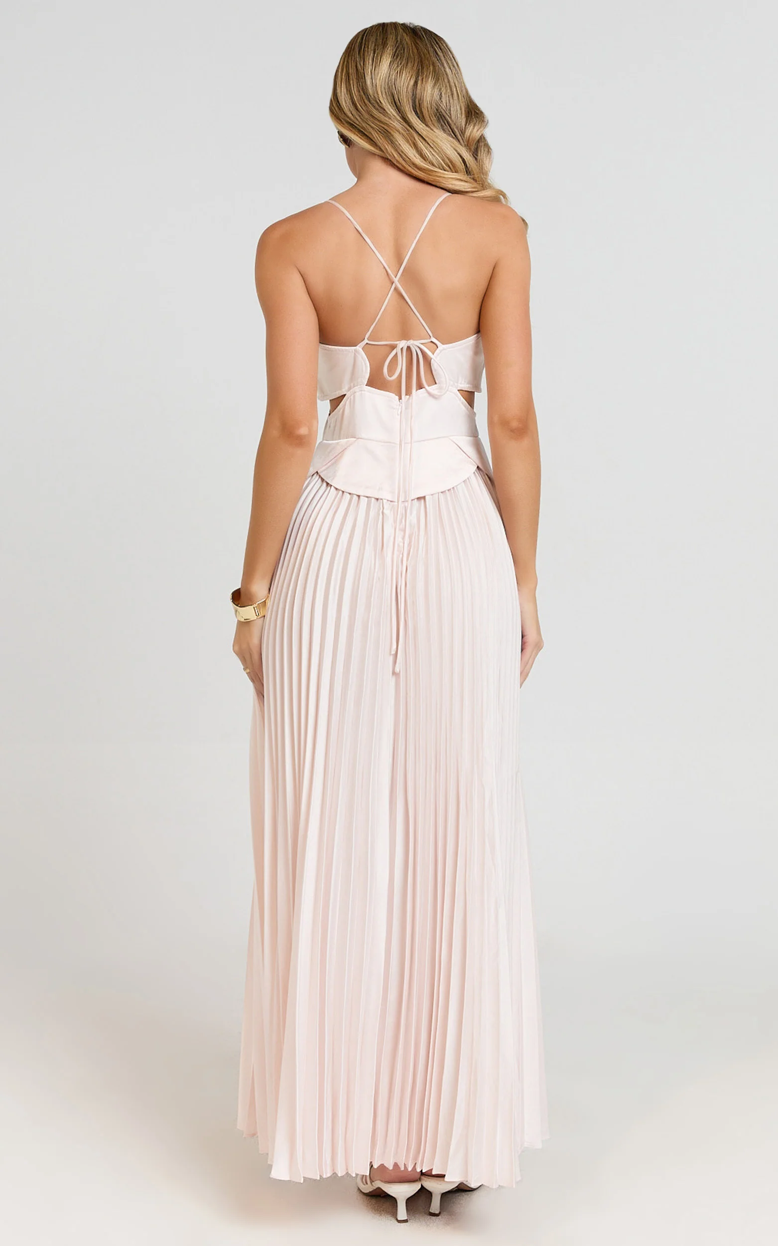 Shay Maxi Dress - Sweetheart Cut Out Pleated Dress in Soft Pink