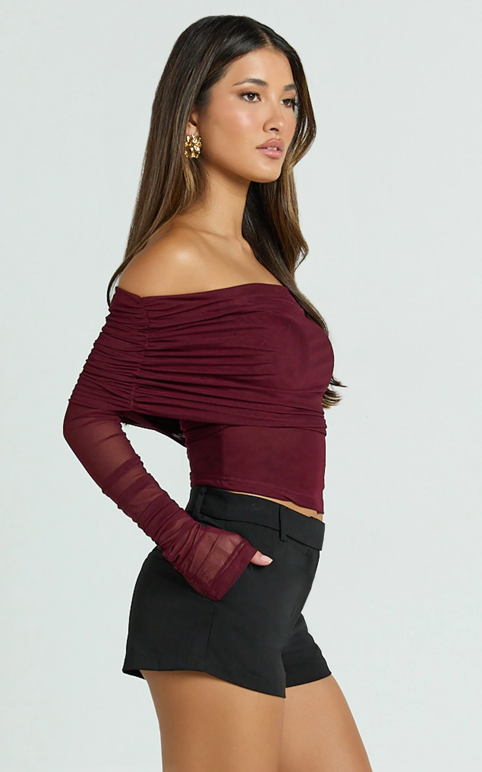 Roza Top - Asymmetric Long Sleeve One Shoulder Top in Wine