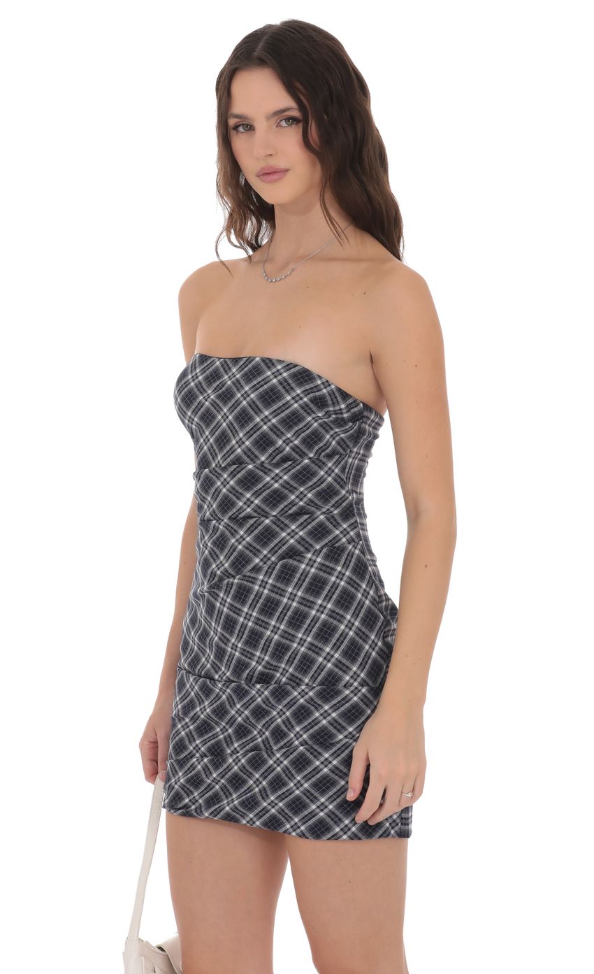 Plaid Strapless Bodycon Dress in Navy