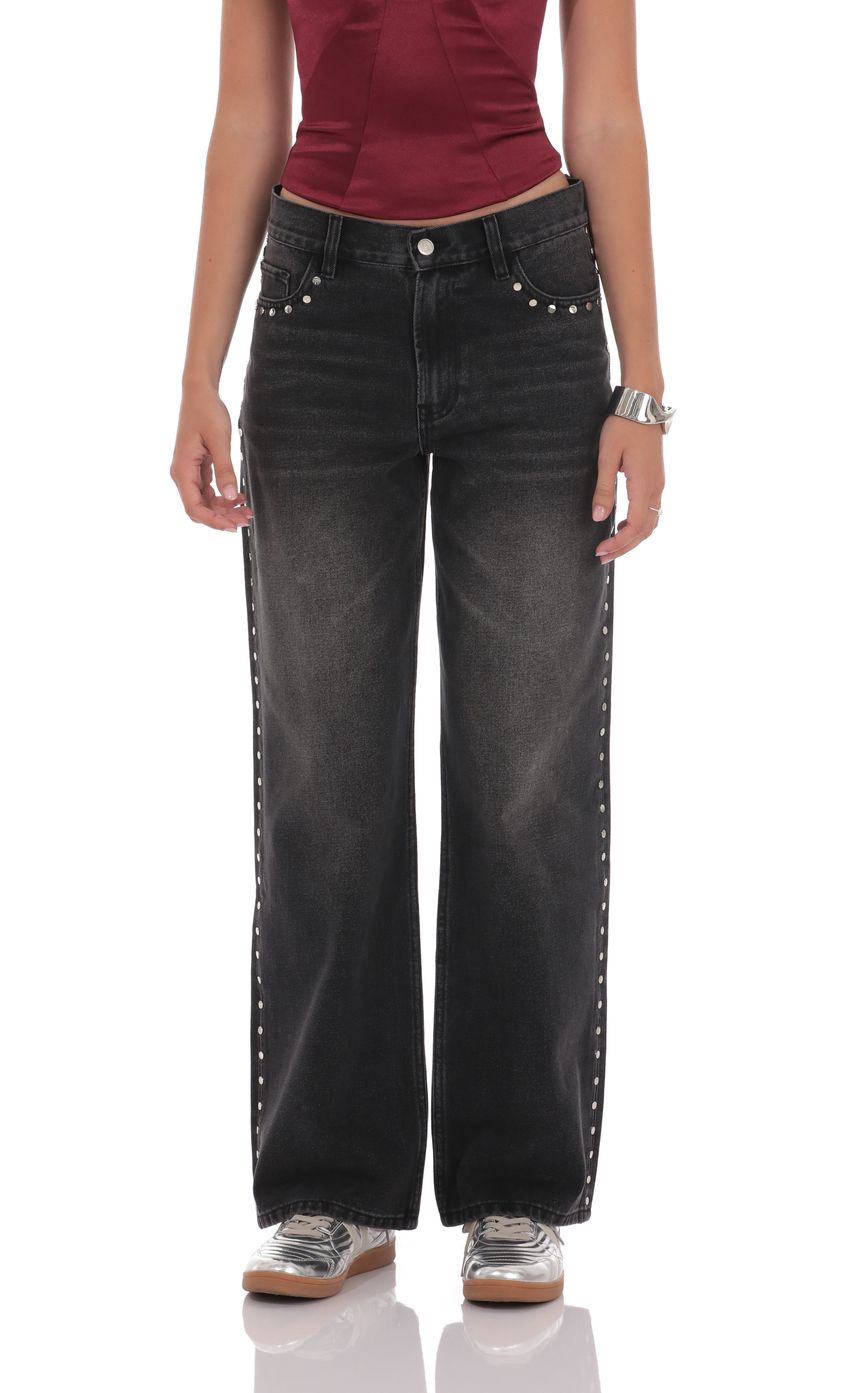 Studded Low Rise Baggy Jeans in Faded Black