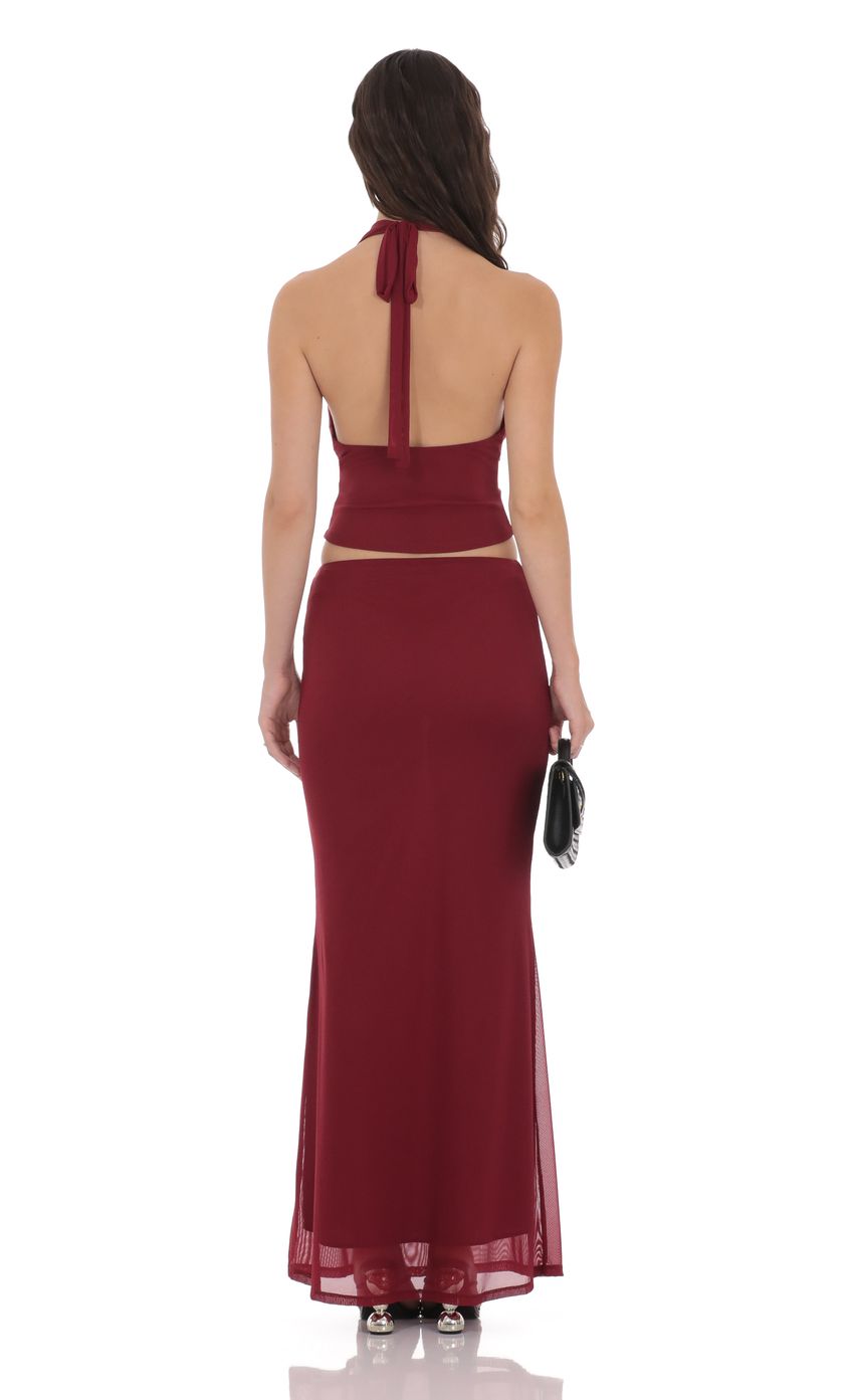 Mesh Plunge Neck Two Piece Set in Maroon