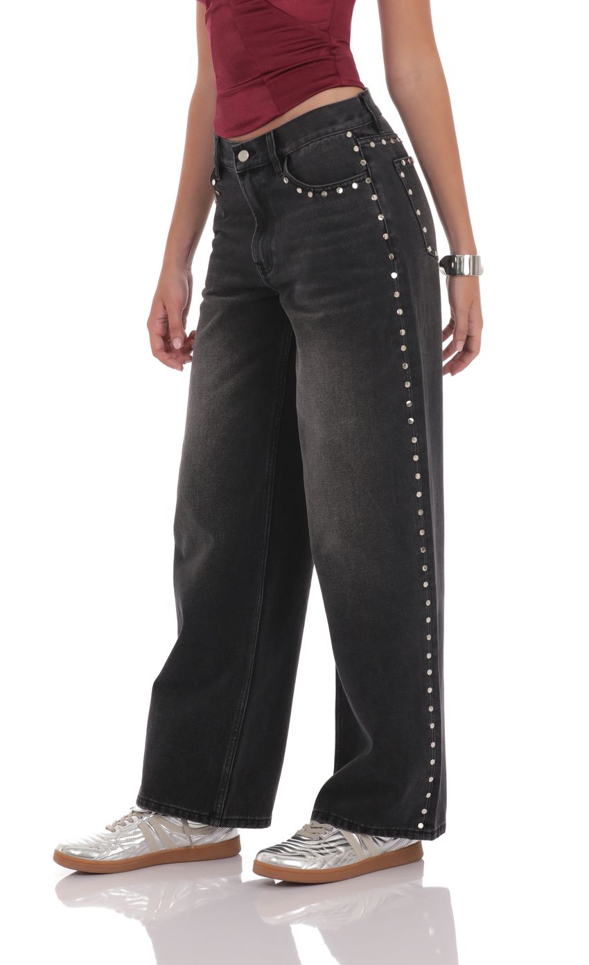 Studded Low Rise Baggy Jeans in Faded Black