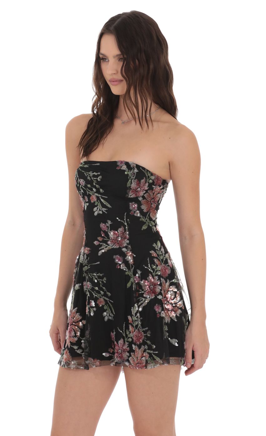 Sequin Floral Strapless Dress in Black