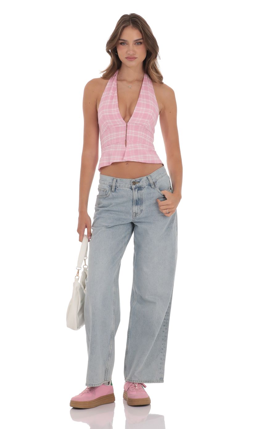 Plaid V-Neck Halter Top in Pink