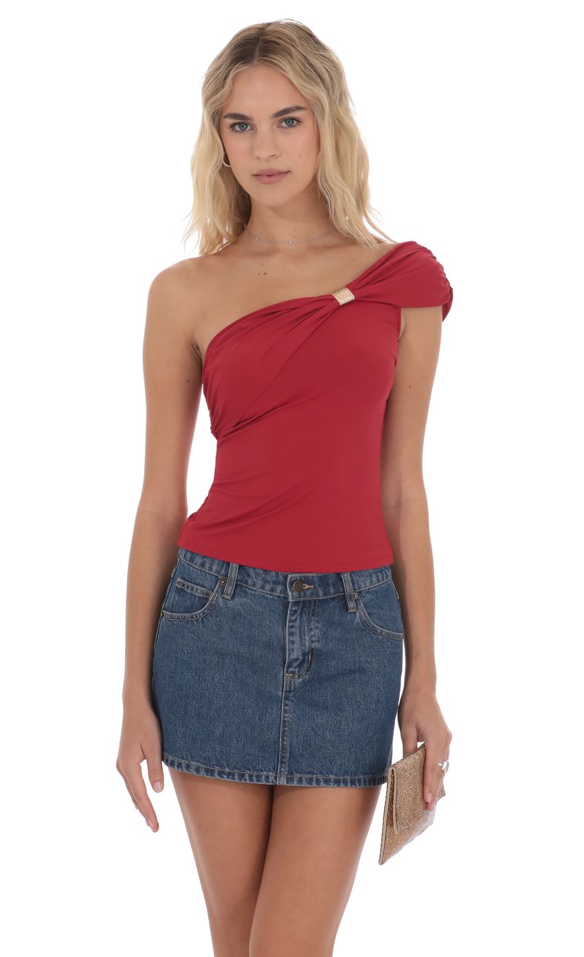 Embellished Capped One Shoulder Top in Red