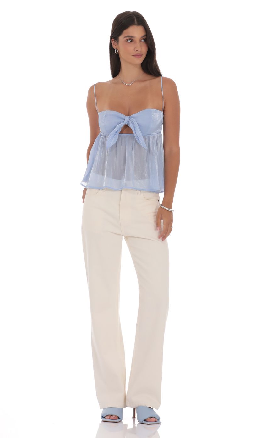 Sheen Front Tie Babydoll Top in Light Blue
